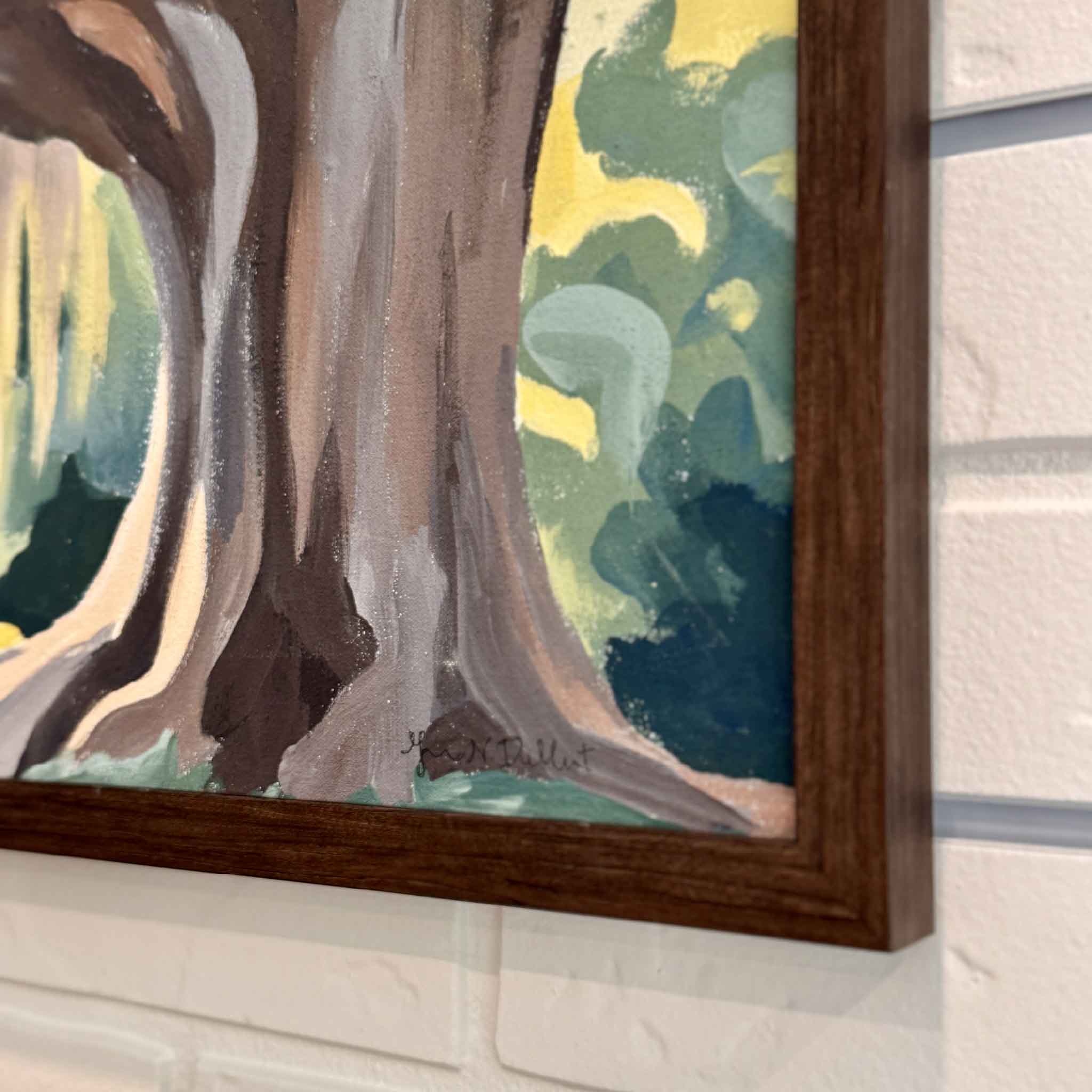Detail view of the original painting Brookgreen Oak by Megan DuMont, highlighting expressive brushwork, layered color, and the rich wood frame.