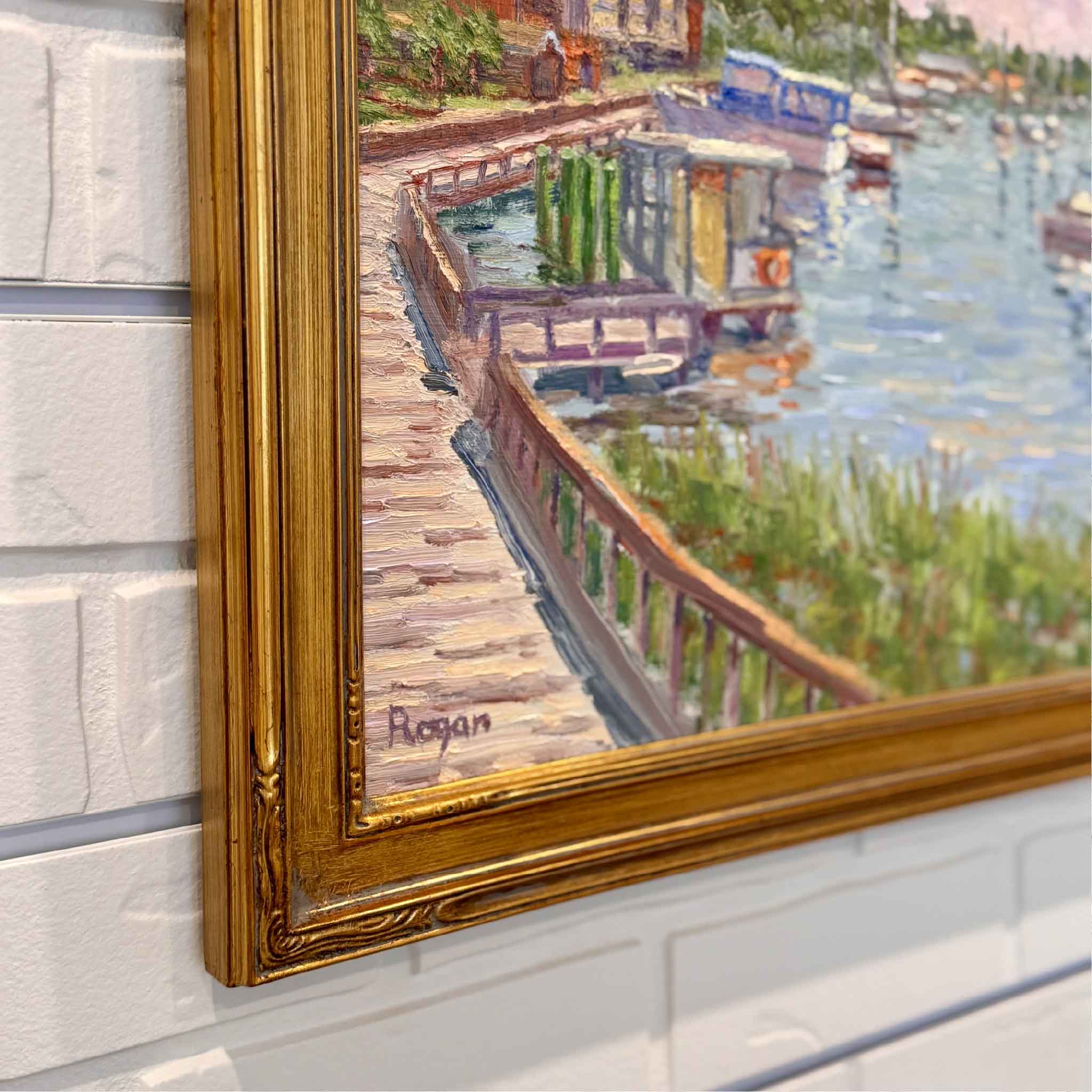 Detail view of Georgetown Harbor Walk by Michael Rogan, highlighting expressive brushwork, dockside reflections, and the wooden boardwalk along the Georgetown waterfront. Pictured at Gray Man Gallery.