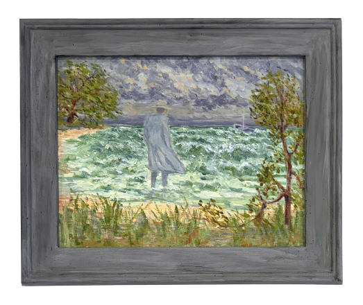 Original painting by local artist Michael Rogan depicting the Gray Man legend at Gray Man Gallery in Pawleys Island, South Carolina, showing the ghostly coastal figure standing at the shoreline beneath stormy skies, a symbol of protection, Lowcountry folklore, and artistic inspiration for the gallery