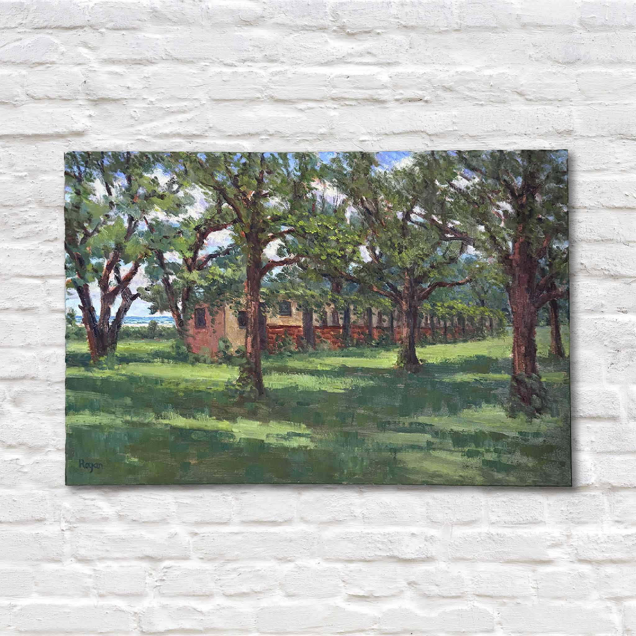 McKenzie Beach, an original gallery-wrapped oil painting by Michael Rogan, depicting historic coastal cottages beneath live oaks with dappled sunlight and expressive brushwork.