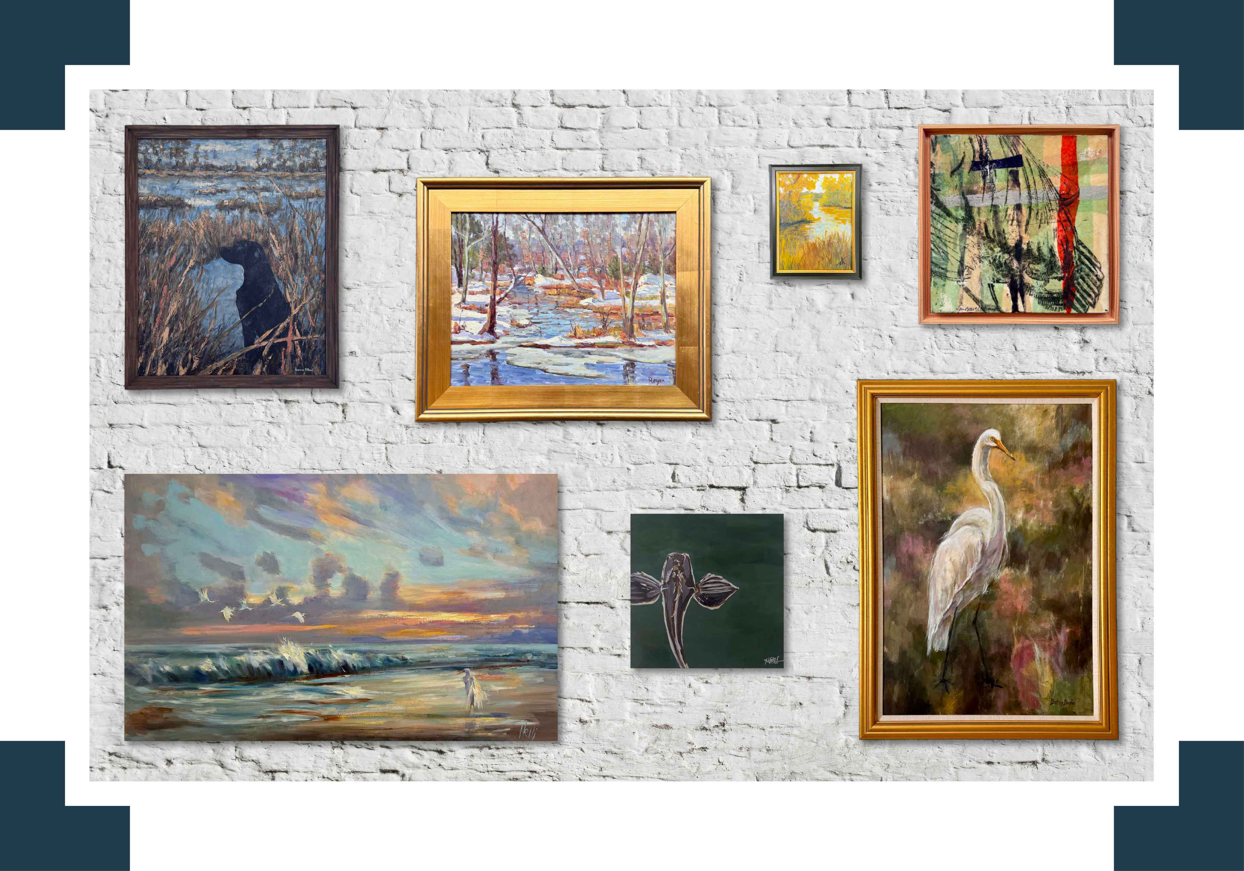 Interior wall display at Gray Man Gallery in Pawleys Island featuring framed original Lowcountry paintings by local artists, including coastal landscapes, marsh scenes, wildlife art, and custom framing examples in South Carolina’s oldest art gallery and frame shop