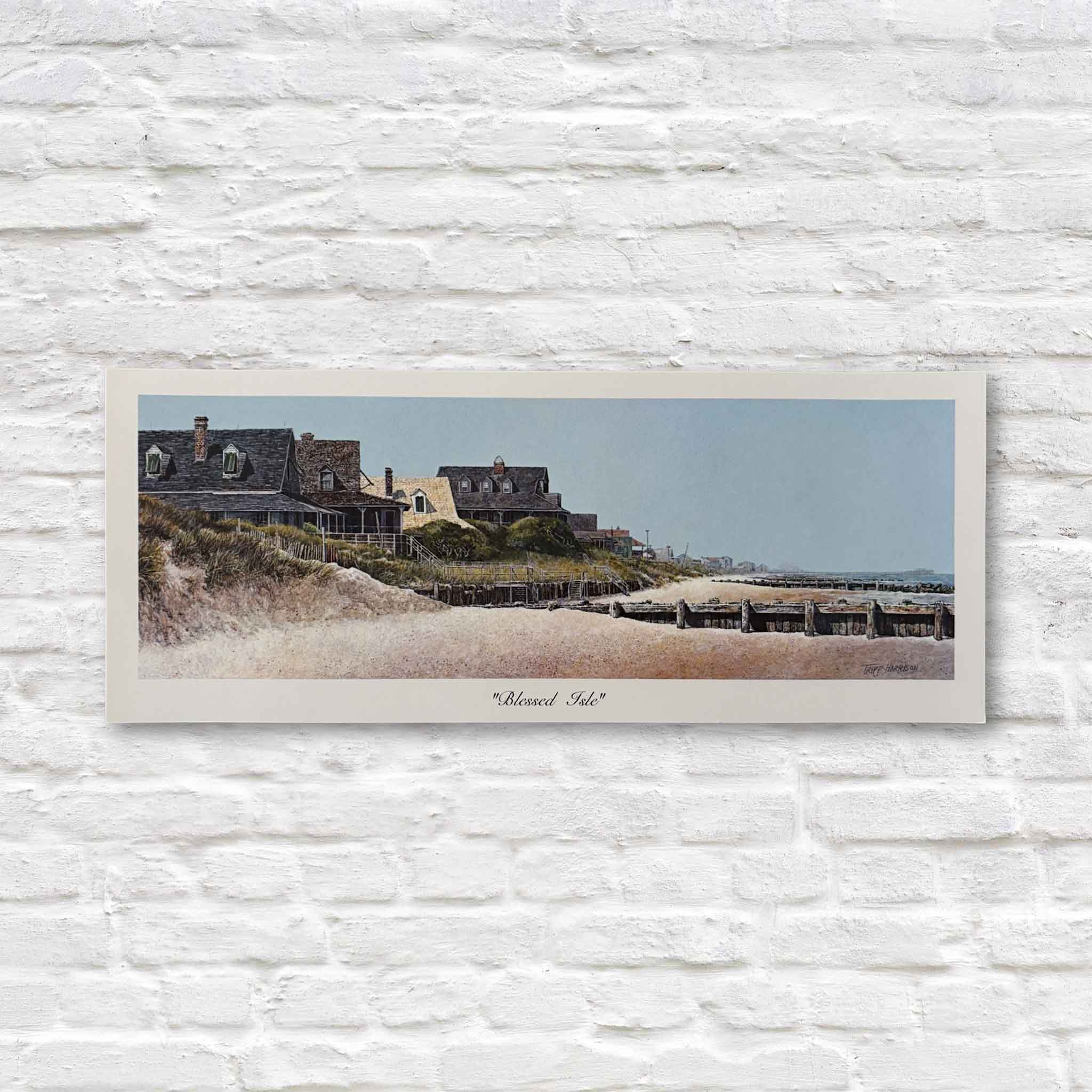 Panoramic coastal art print titled Blessed Isle by Tripp Harrison, depicting oceanfront cottages, dunes, and shoreline on Pawleys Island, South Carolina. Available at Gray Man Gallery.