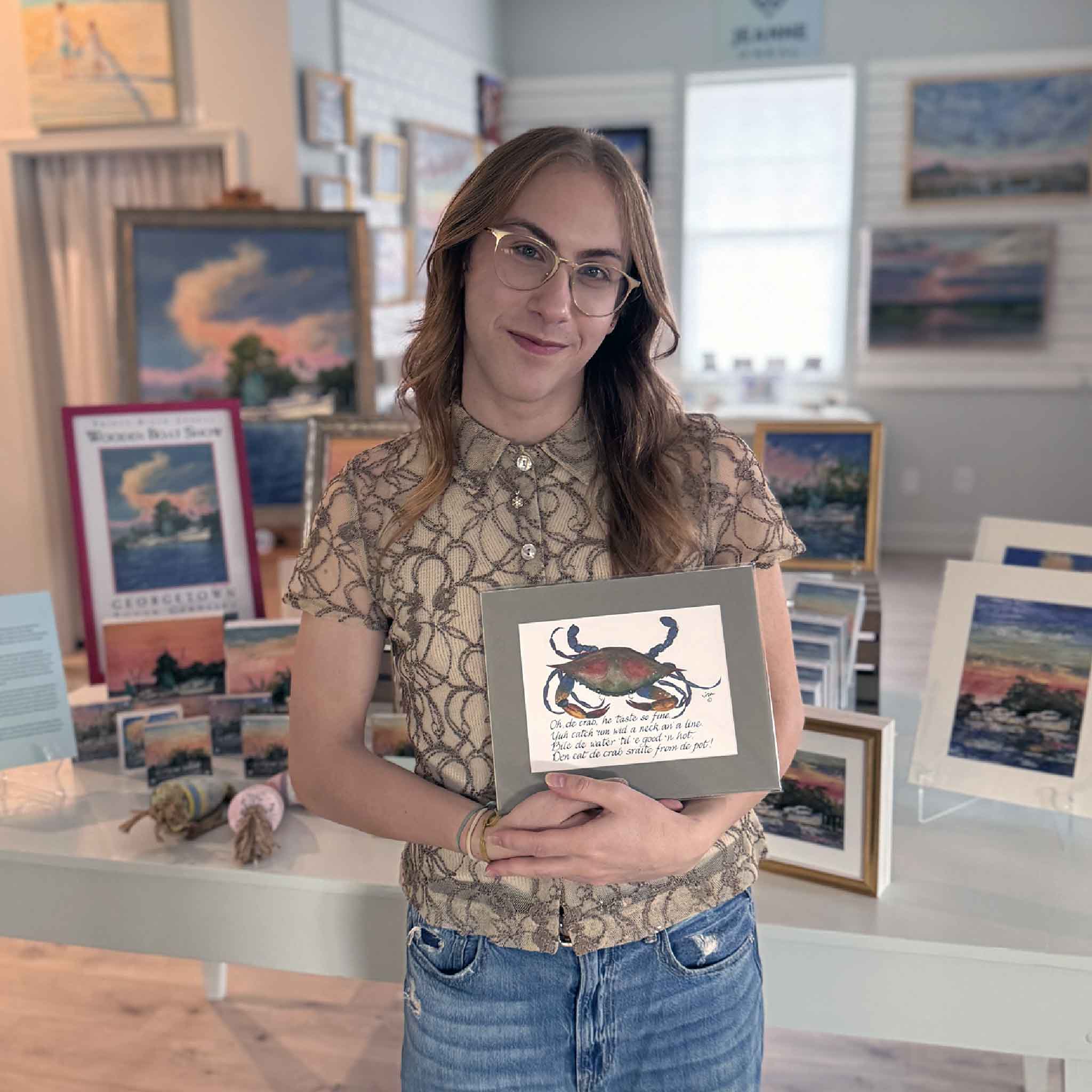 Gullah Odes Crab by Vida Miller displayed as a matted print at Gray Man Gallery, a beloved South Carolina coastal artwork rooted in generations of Lowcountry storytelling.