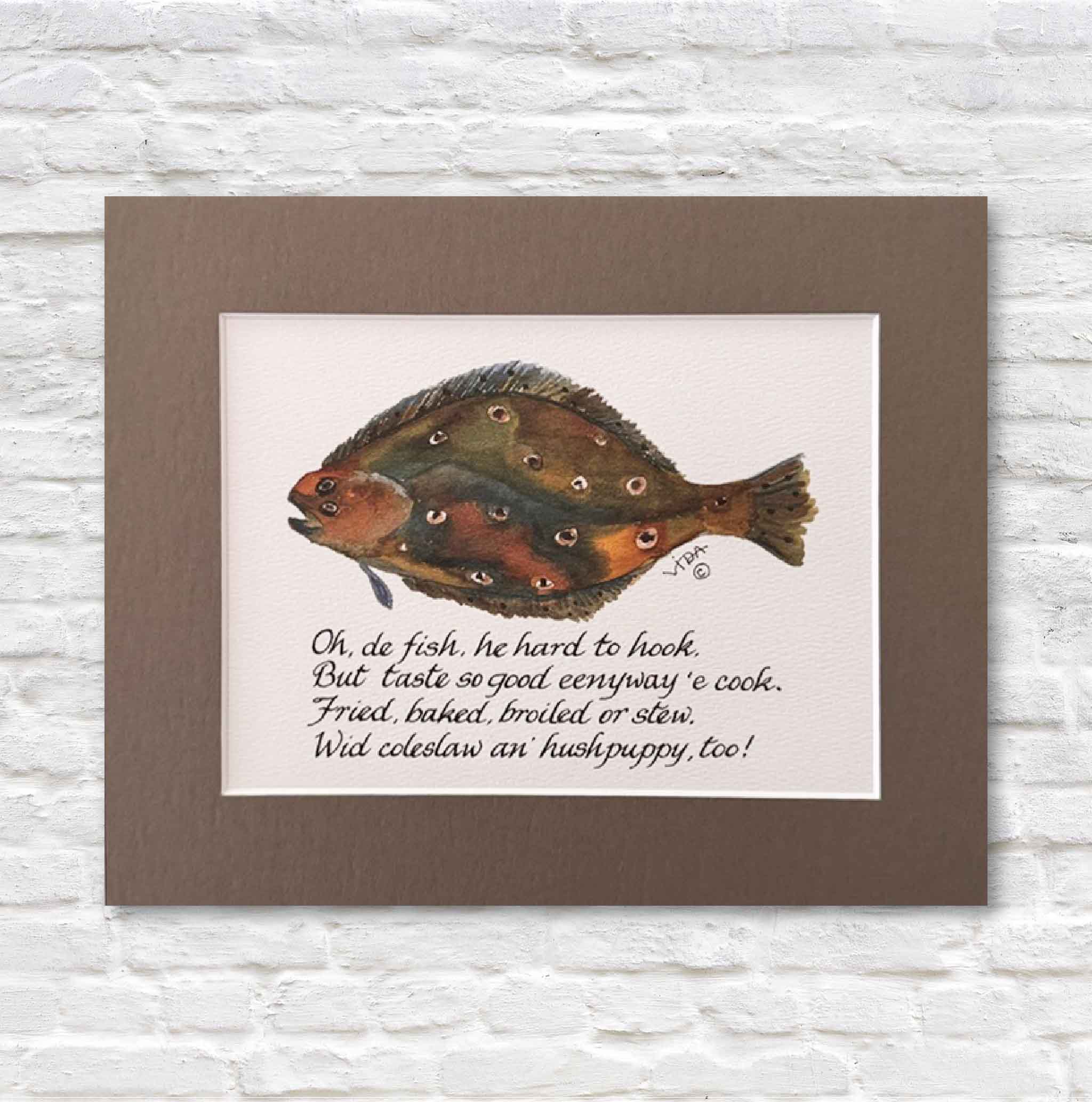 Gullah Odes Flounder by Vida Miller, a classic Lowcountry watercolor print with a playful flounder and traditional Gullah-style poem, matted in tan and styled for Southern kitchens.