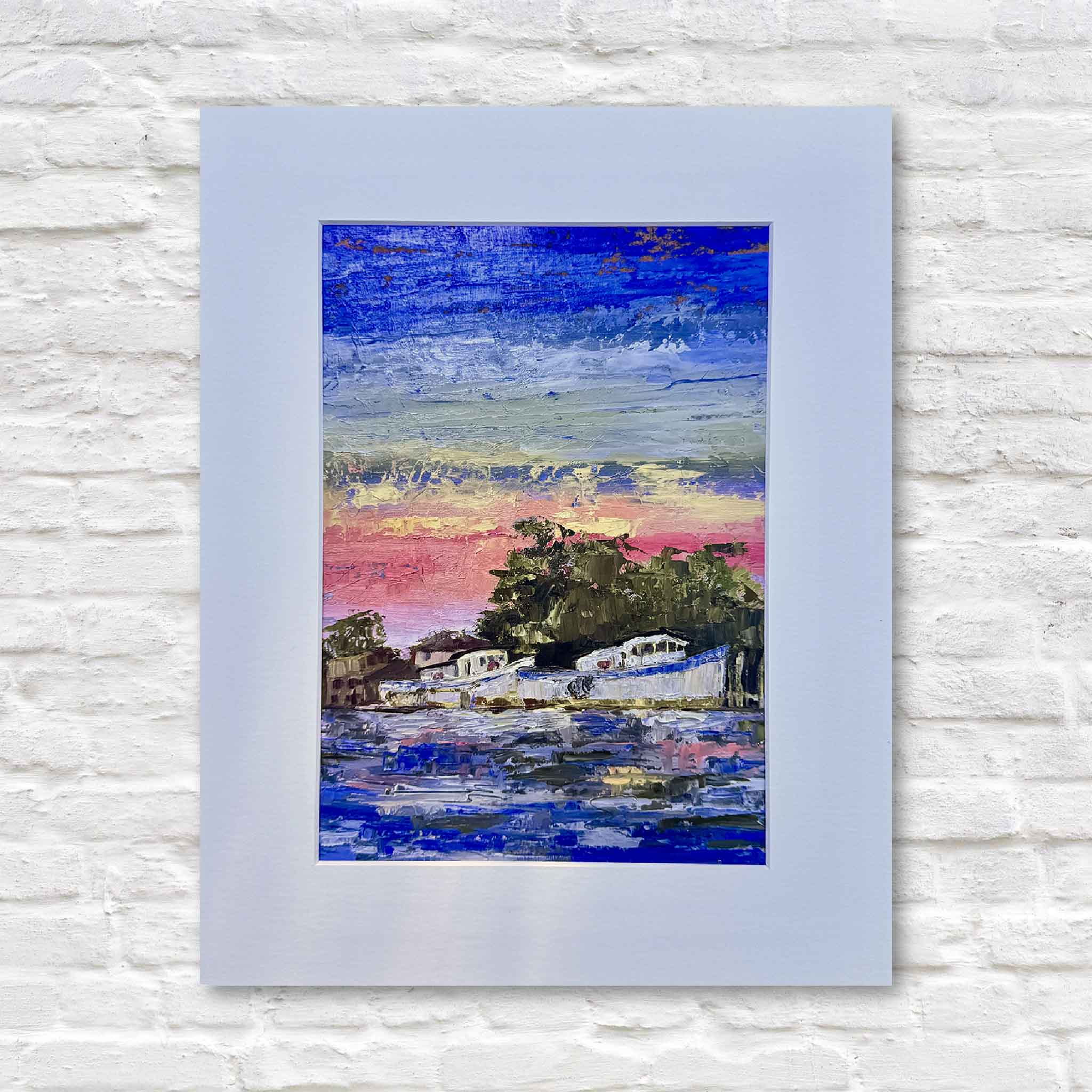 Harbor Sunset giclée print by Jeanne O’Neal from By the Dock series, 11x14 matted coastal artwork of shrimp boats and sunset, exclusive to Gray Man Gallery Pawleys Island