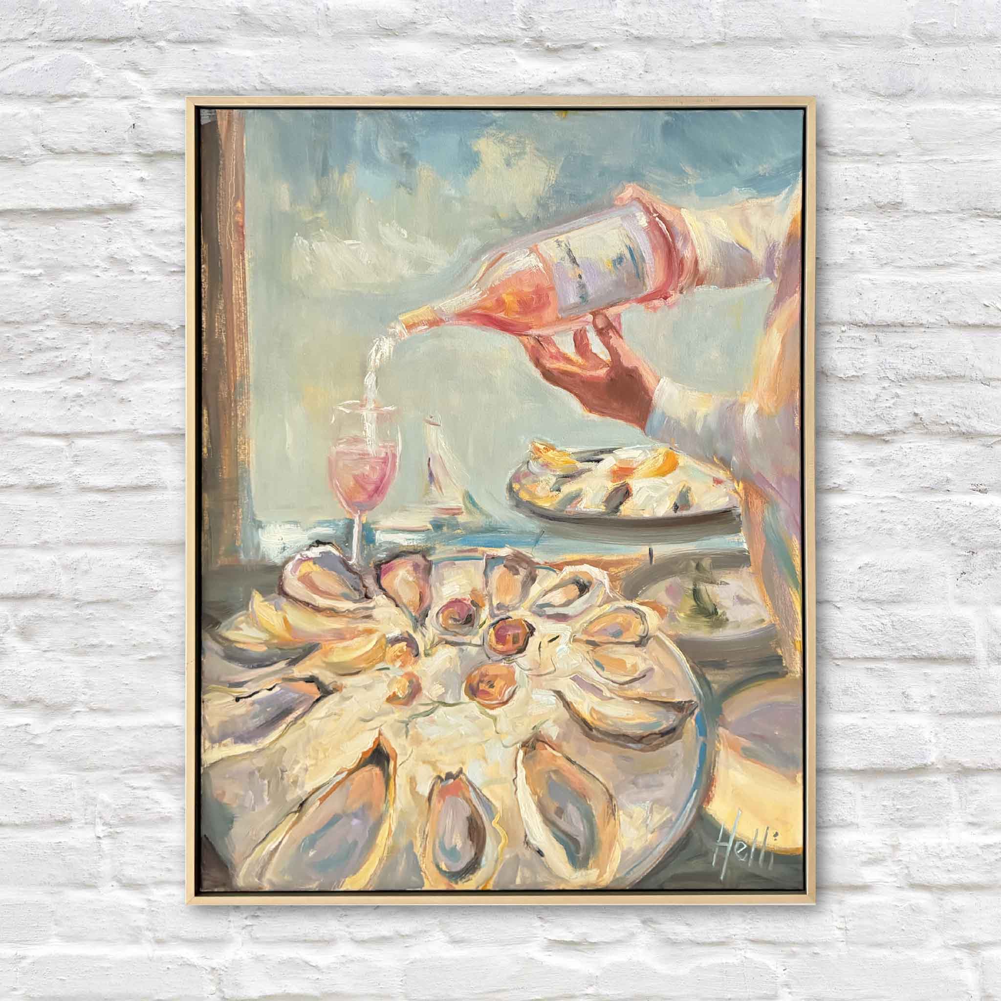 A Taste of Summer by Helli Luck, a framed original oil painting available at Gray Man Gallery in Pawleys Island, South Carolina, featuring fresh oysters on the half shell, a glass of rosé being poured, sailboats in the distance, and expressive impressionistic brushwork that captures the relaxed elegance of Lowcountry coastal entertaining.