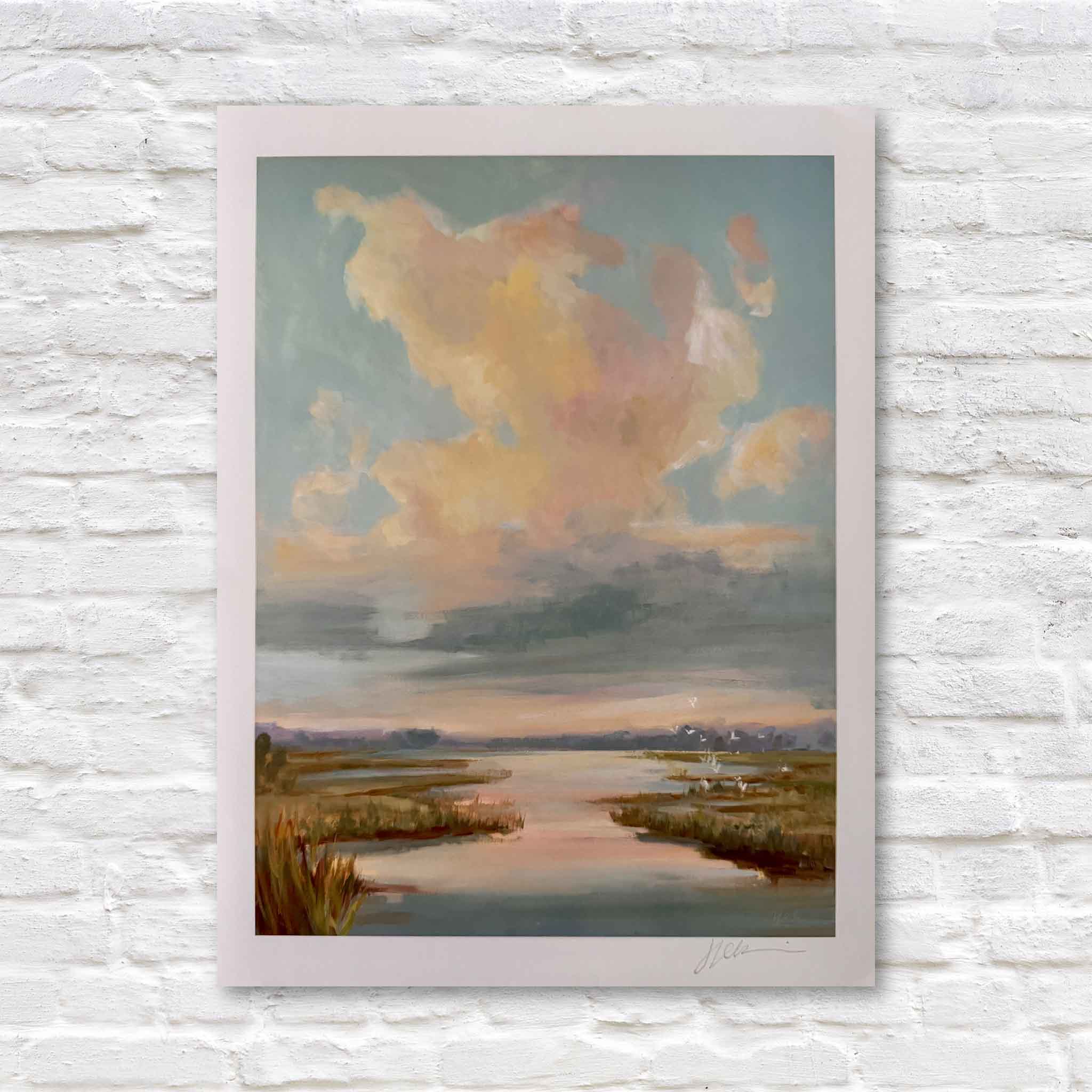 Helli Luck Evening Cloud art print showing a glowing sunset cloud over a Lowcountry marsh with soft reflections and warm coastal colors.