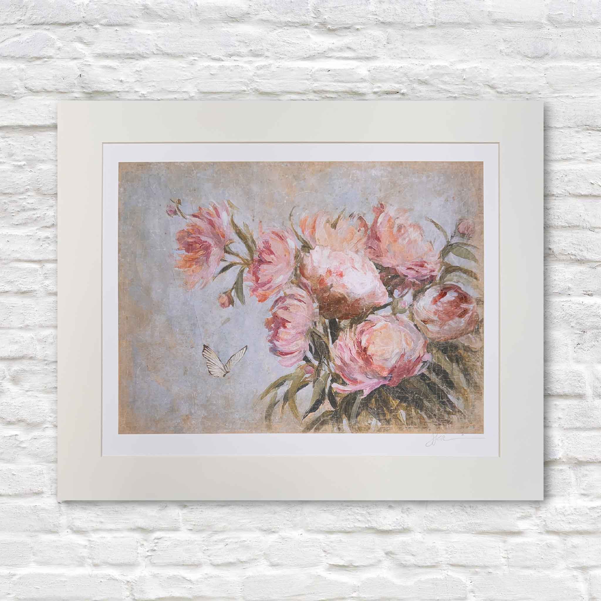 Helli Luck From Her Garden fine art giclée print featuring soft pink peonies and a delicate white butterfly, shown matted and ready for framing in standard 20x24 sizes, available at Gray Man Gallery Pawleys Island South Carolina.