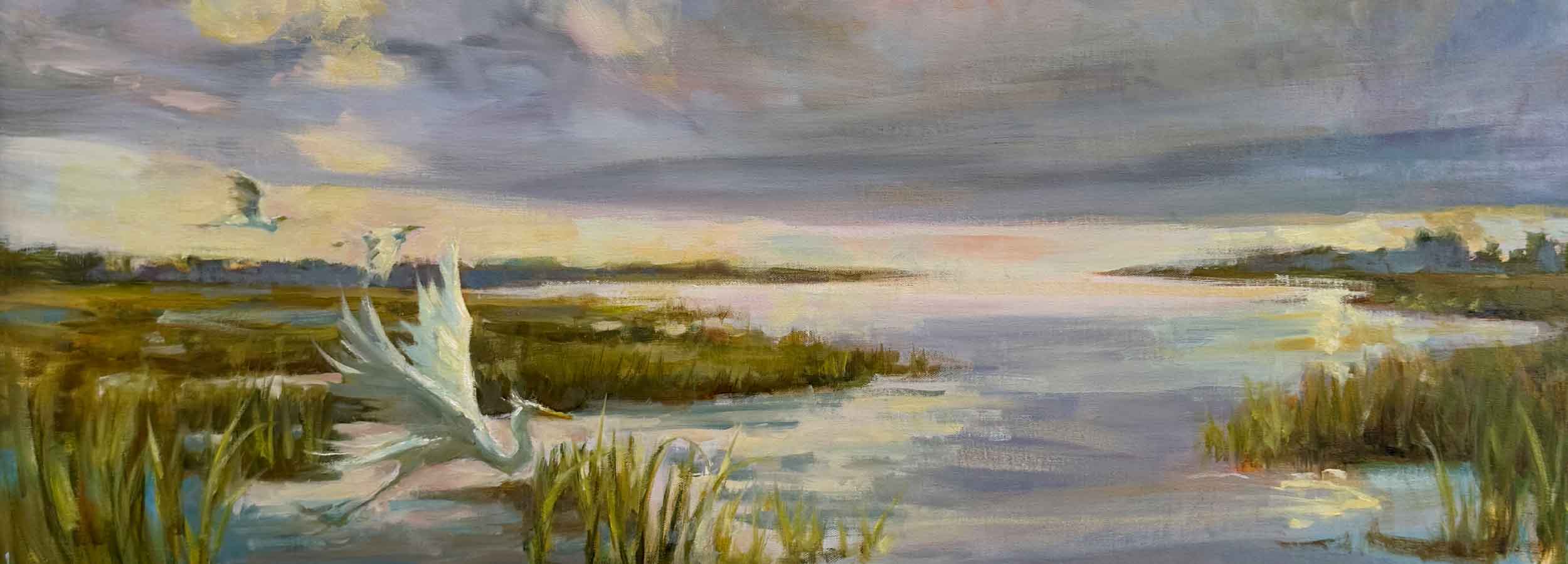 Journey's End by local artist Helli Luck, an original Lowcountry marsh painting featuring white egrets rising from the tidal grasses beneath a luminous coastal sky. Soft reflections dance across winding creeks as evening light settles over the South Carolina marsh. Available at Gray Man Gallery, Pawleys Island's oldest art gallery, specializing in local art and custom framing since 1980.