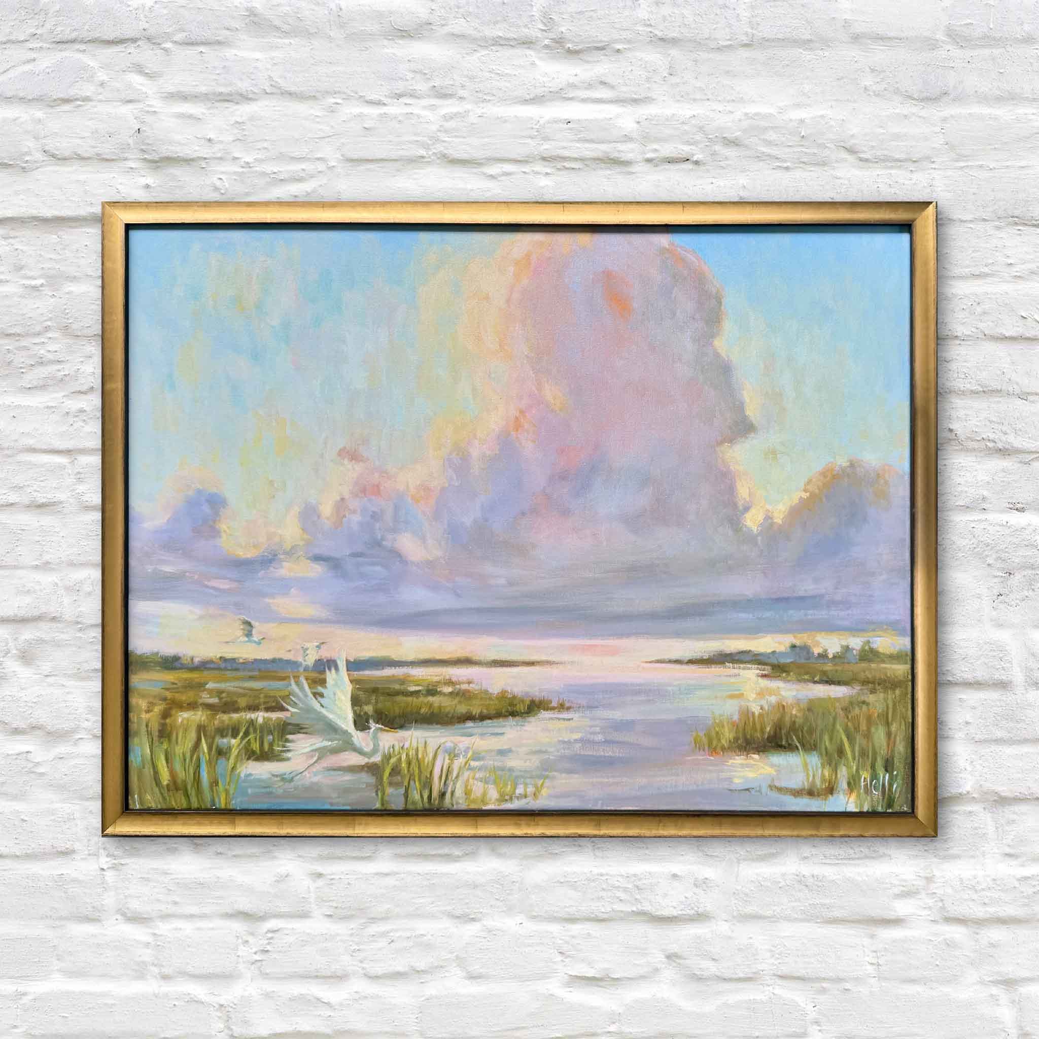 Journey's End, an original oil painting by Helli Luck featuring a glowing Lowcountry marsh beneath towering pastel clouds. Soft pink, lavender, and golden light reflect across winding tidal creeks while white egrets rise from the marsh grasses, creating a serene and atmospheric coastal landscape.