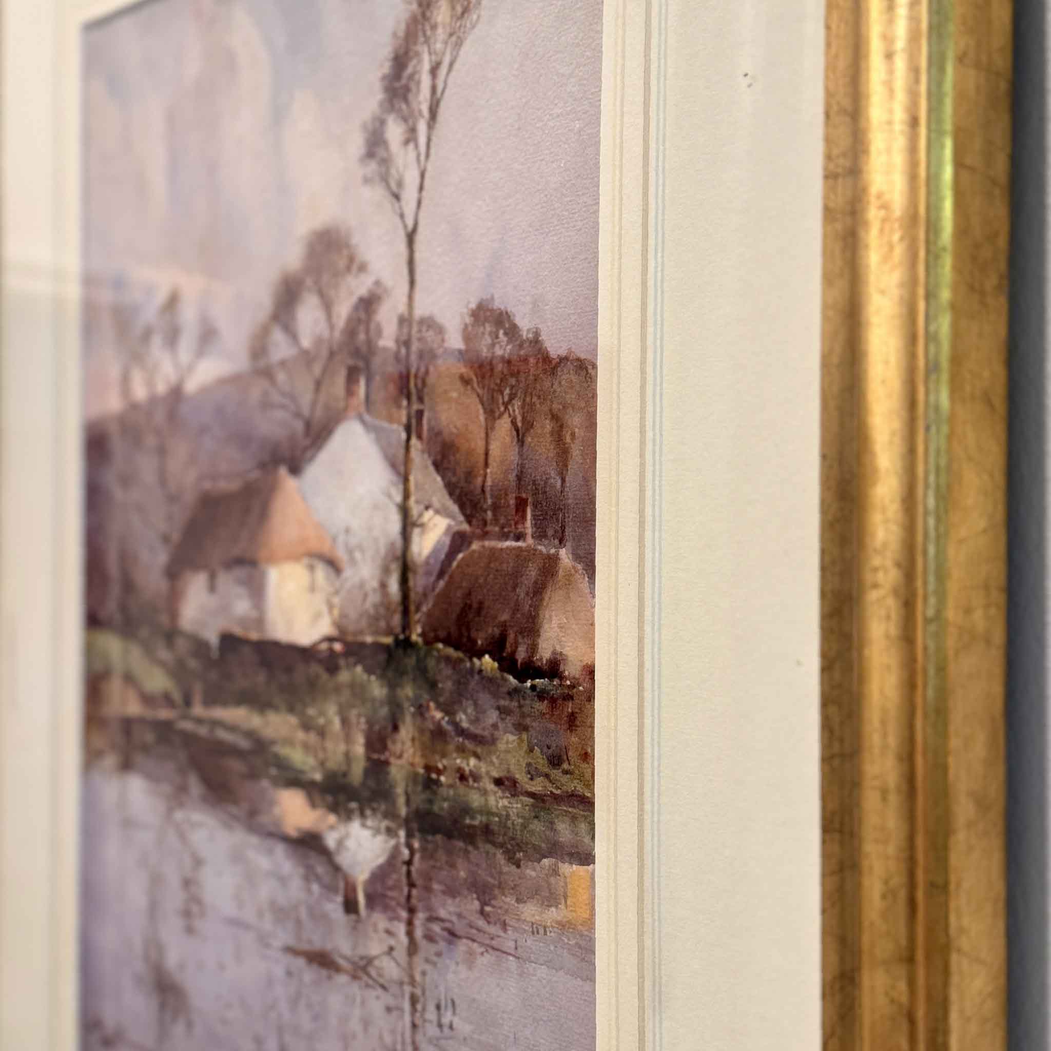 Detailed view of the delicate watercolor washes and subtle tonal layering in Holding the Light, an original landscape by Charles Eyres Simmons featuring soft reflections and atmospheric depth.