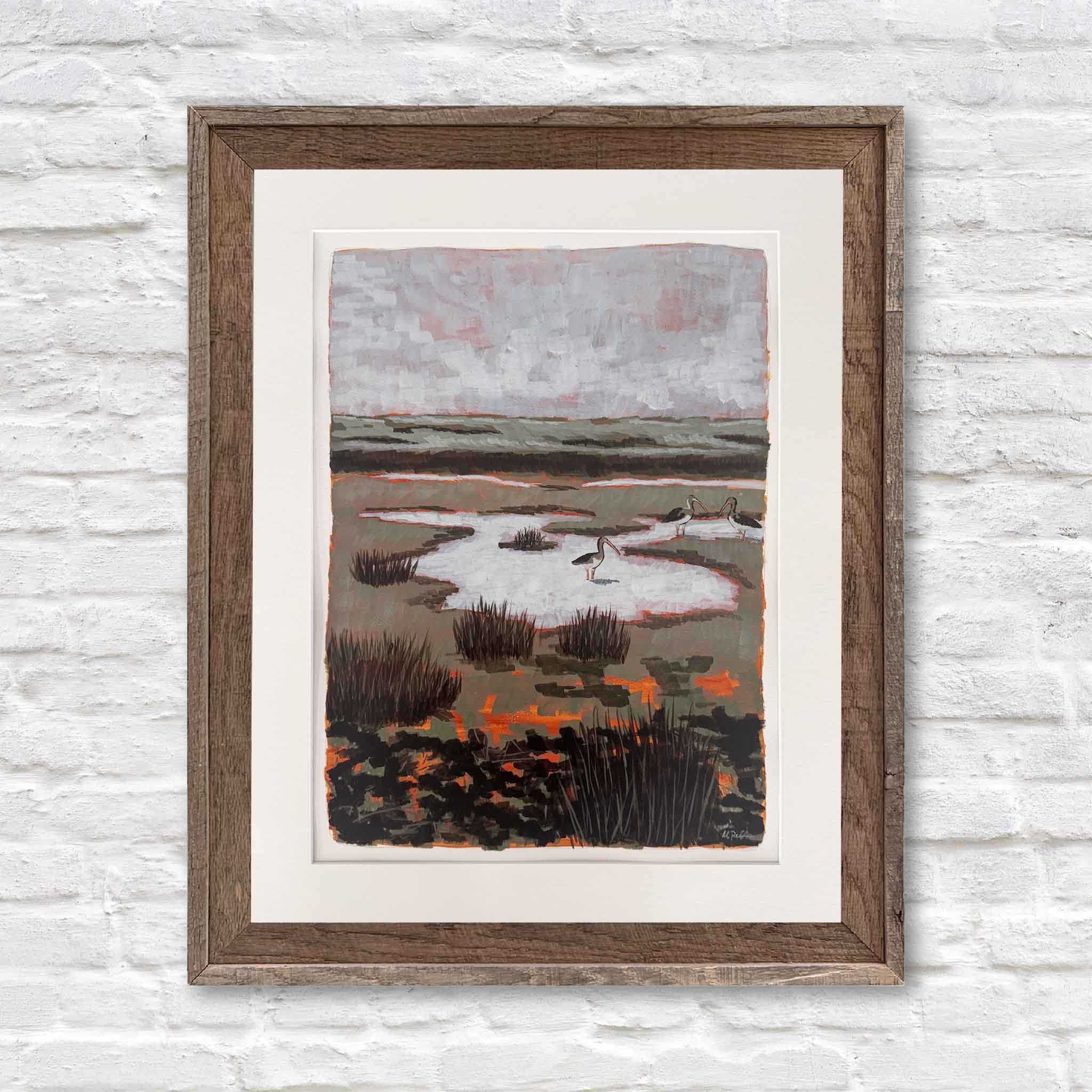 Ibis at North Inlet by Maggie Pelton shown in a suggested frame style, matted to 22 x 28 inches, illustrating display options for this original Lowcountry marsh acrylic painting.