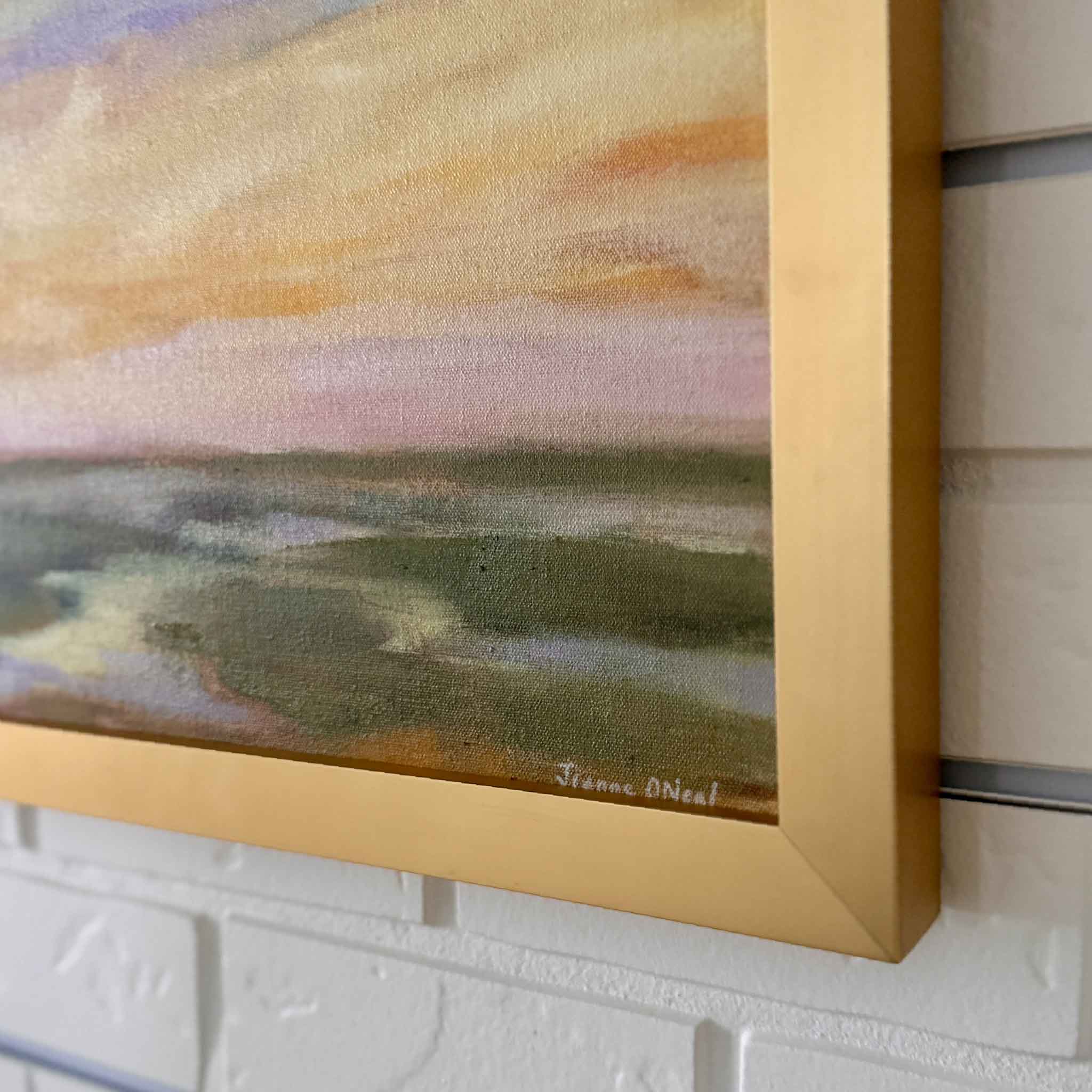 Close-up detail of “2 A.M.” by local artist Jeanne O’Neal showing textured oil brushwork and warm gold frame on Lowcountry marsh landscape at Gray Man Gallery Pawleys Island