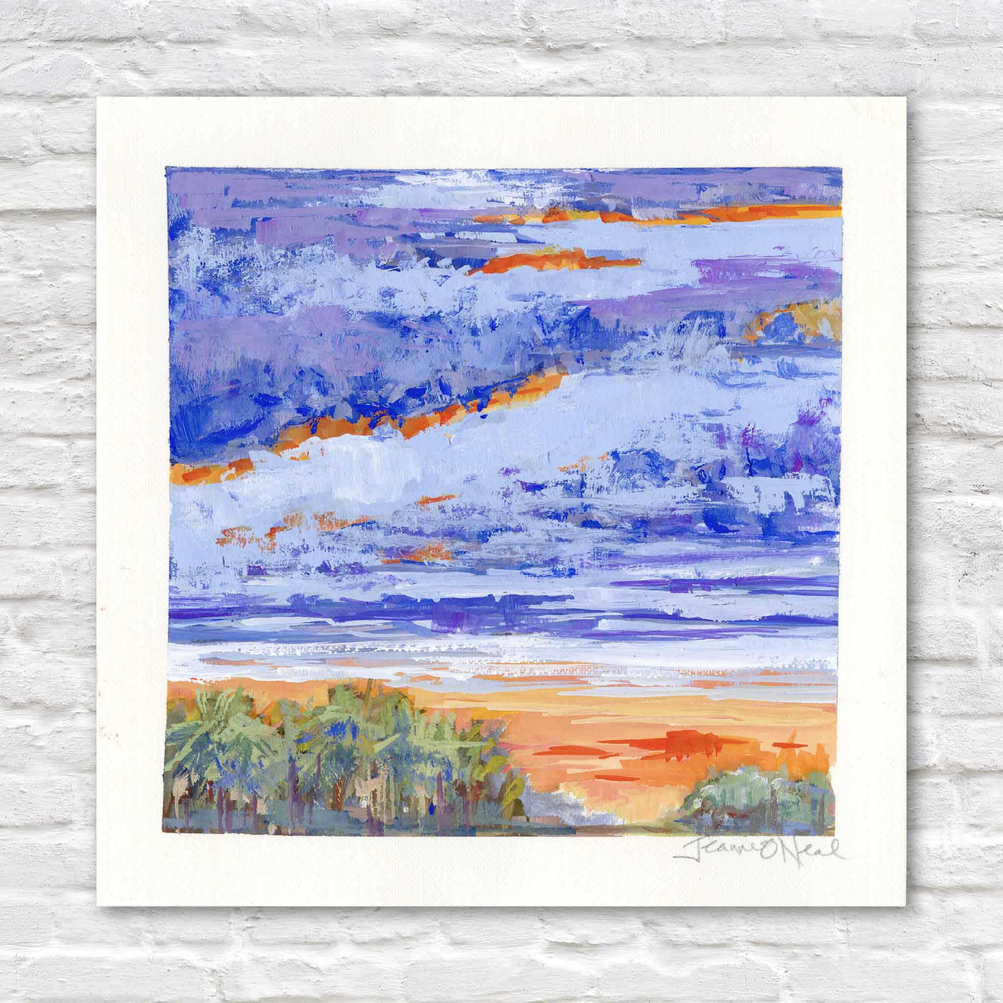 Afterglow by Jeanne O’Neal original gouache coastal sunset painting featuring layered violet and blue clouds with a vivid orange horizon and palm line from Postcards from Abaco at Gray Man Gallery Pawleys Island