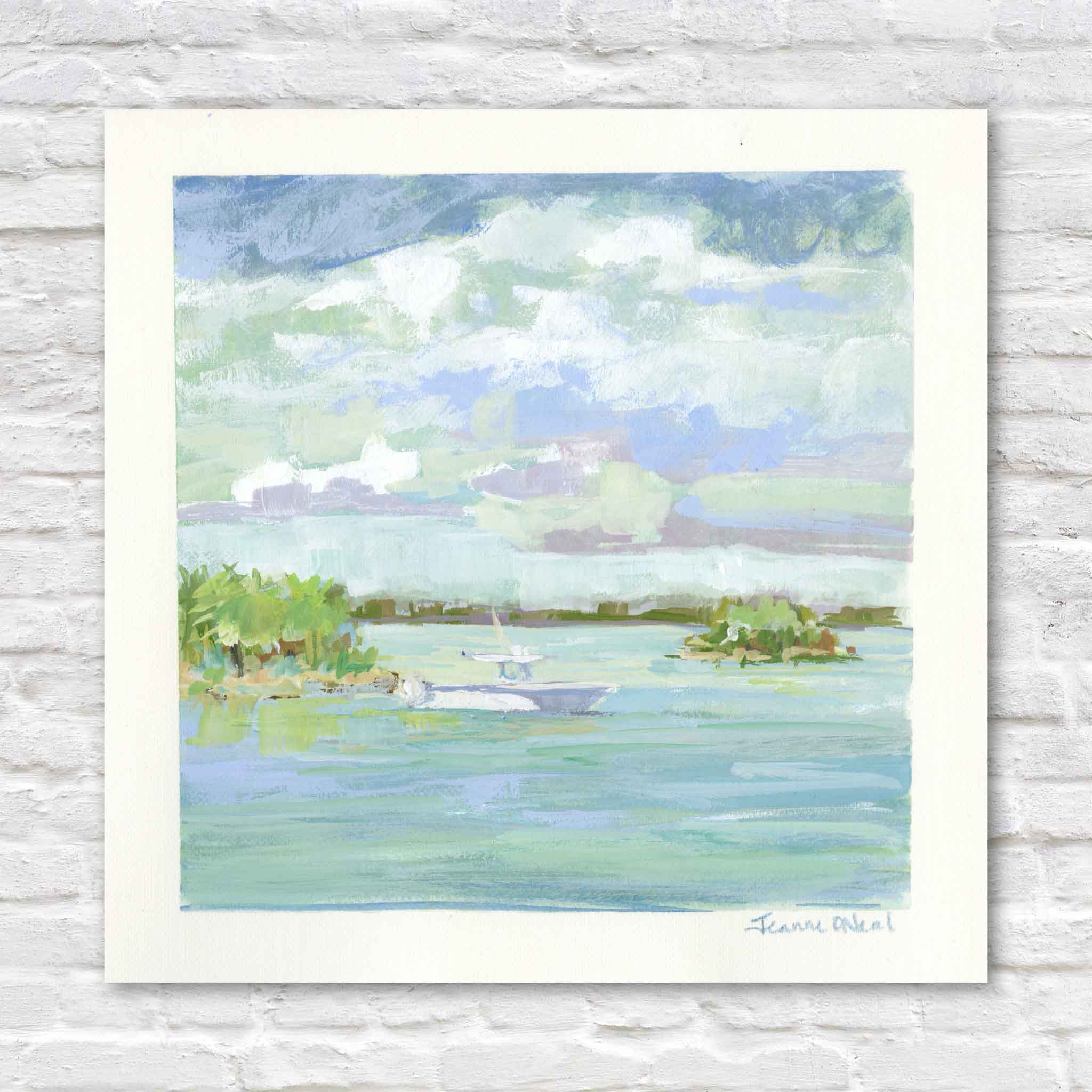 Jeanne O’Neal original gouache painting At Anchor featuring a small white boat resting in calm blue and green water between low island palms beneath a soft cloud-filled sky, part of the Postcards from Abaco collection at Gray Man Gallery in Pawleys Island