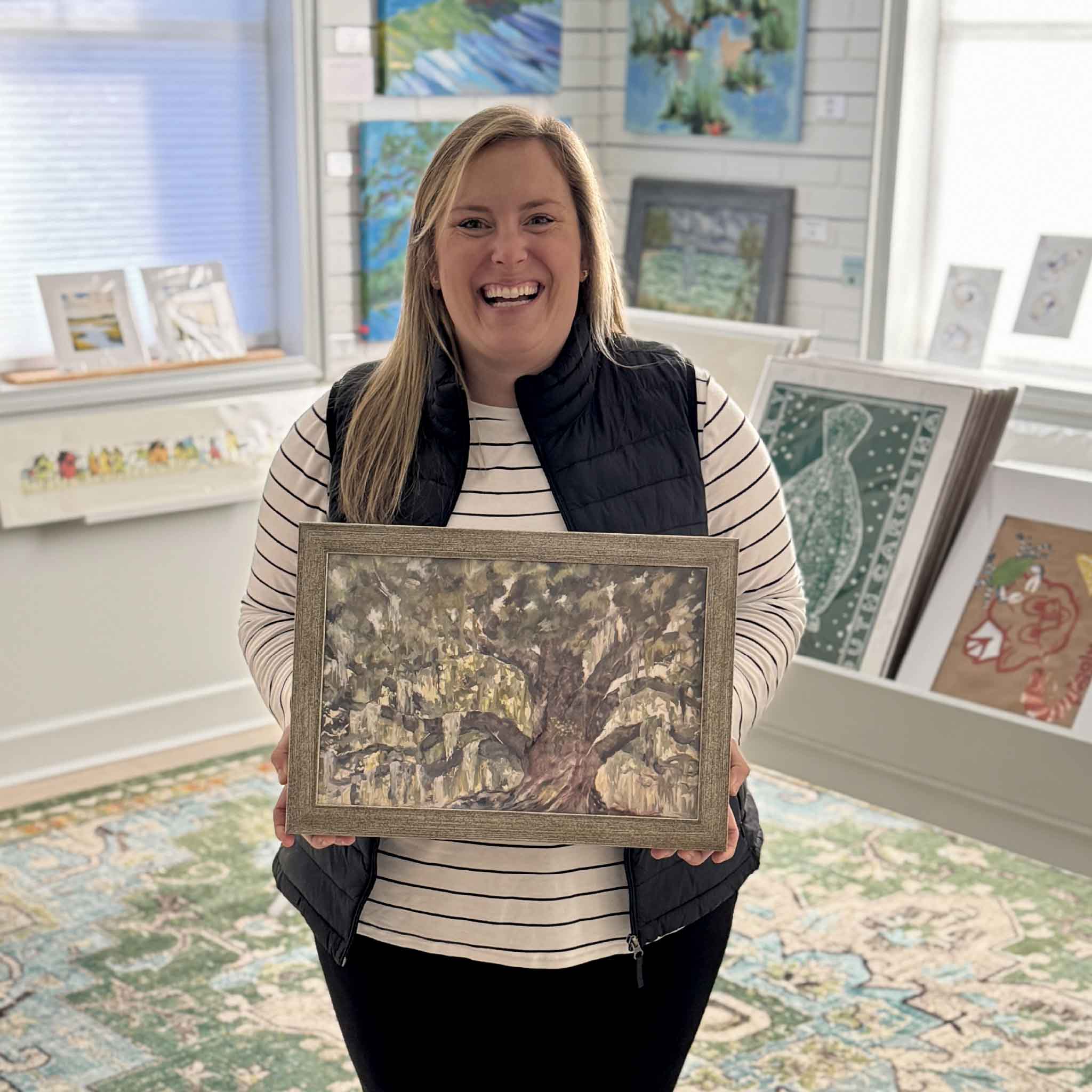 Small framed Deep Roots fine art print by Jeanne O’Neal, featuring a Lowcountry live oak with Spanish moss, professionally framed and displayed at Gray Man Gallery in Pawleys Island, South Carolina.