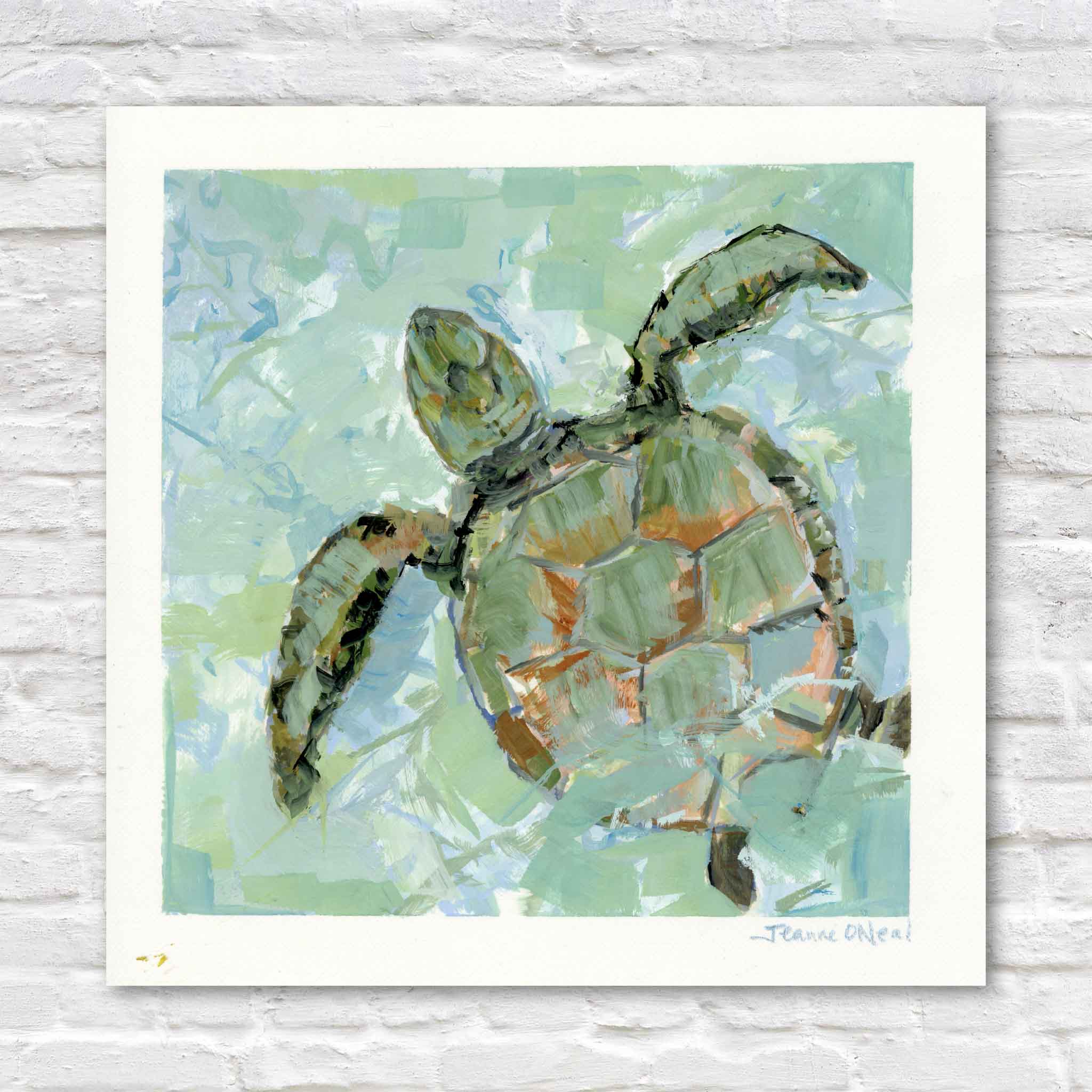 Jeanne O’Neal original gouache painting Drift Current featuring a sea turtle swimming through layered aqua and green coastal water, part of the Postcards from Abaco collection at Gray Man Gallery in Pawleys Island