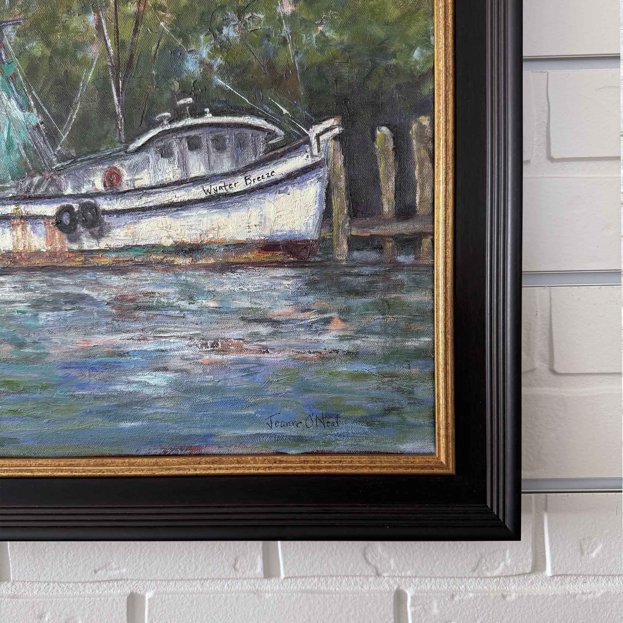 Close-up detail of “End of Day” original oil painting by Jeanne O’Neal showing shrimp boat hull, rigging, dock pilings, and soft sunset reflections on calm harbor water in Georgetown South Carolina, highlighting expressive brushwork, layered oil texture, and professional custom framing by Gray Man Gallery in Pawleys Island