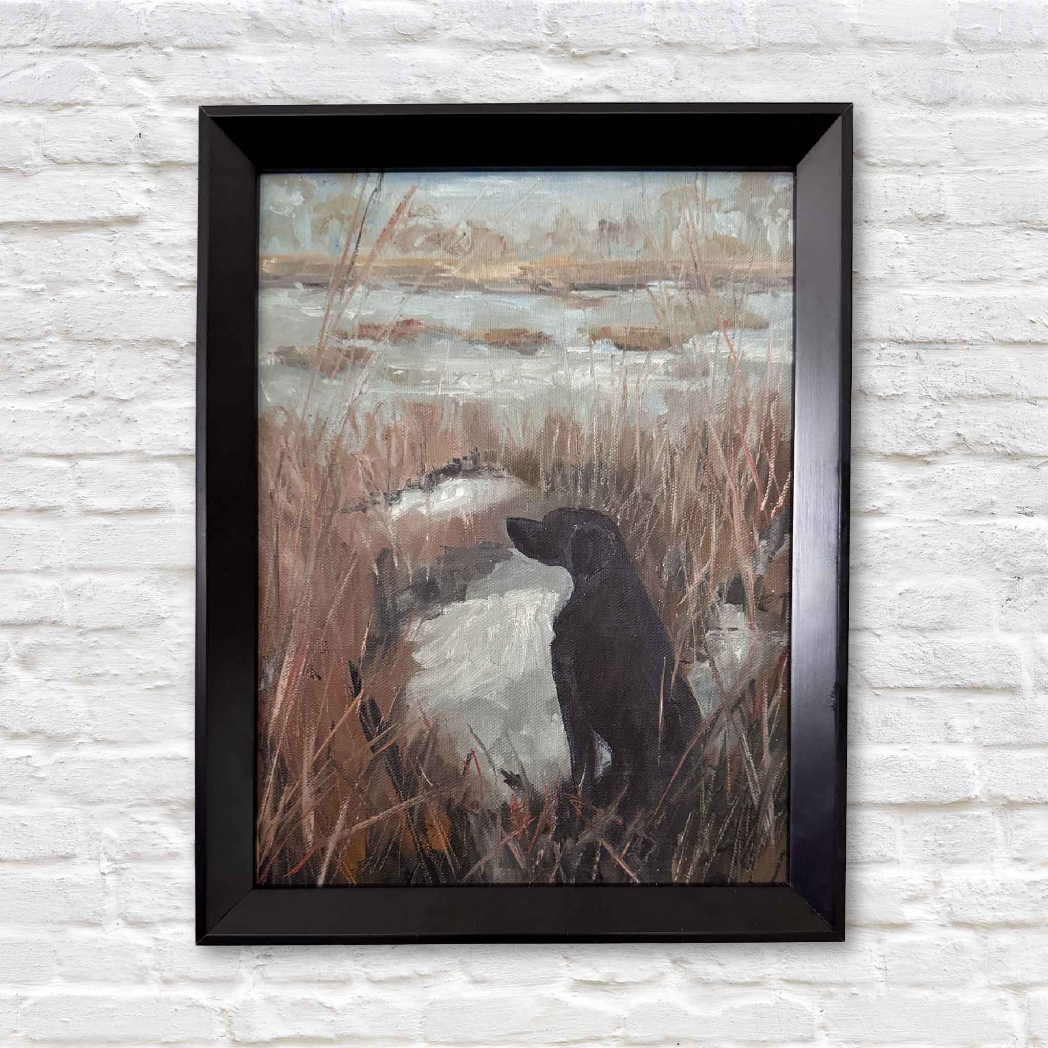 Original oil painting “Eyes in the Sky II” by Jeanne O’Neal featuring a black lab at the marsh edge, framed Lowcountry dog artwork.