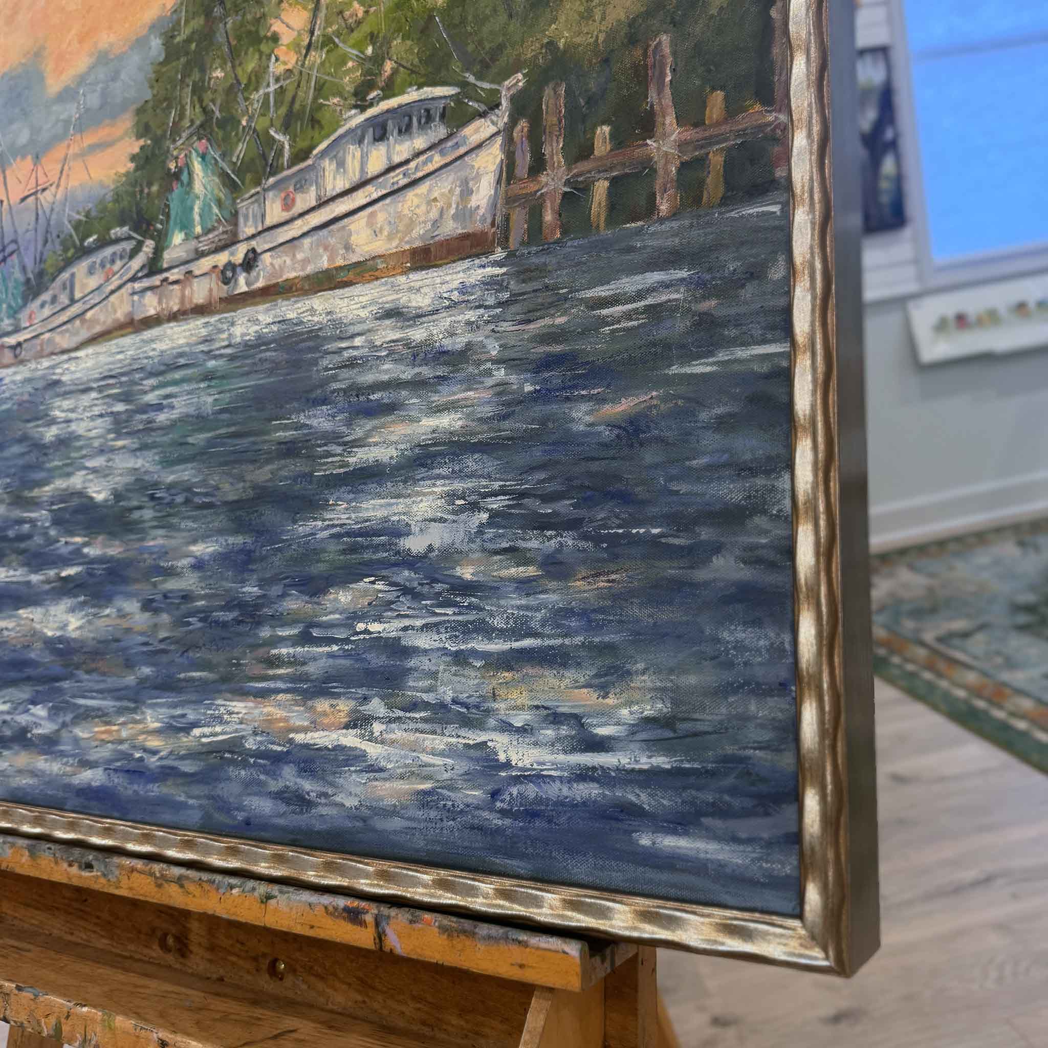 Framed original oil painting ‘Harbor at Dusk’ by Jeanne O’Neal showing shrimp boats at sunset on the Georgetown, SC waterfront.