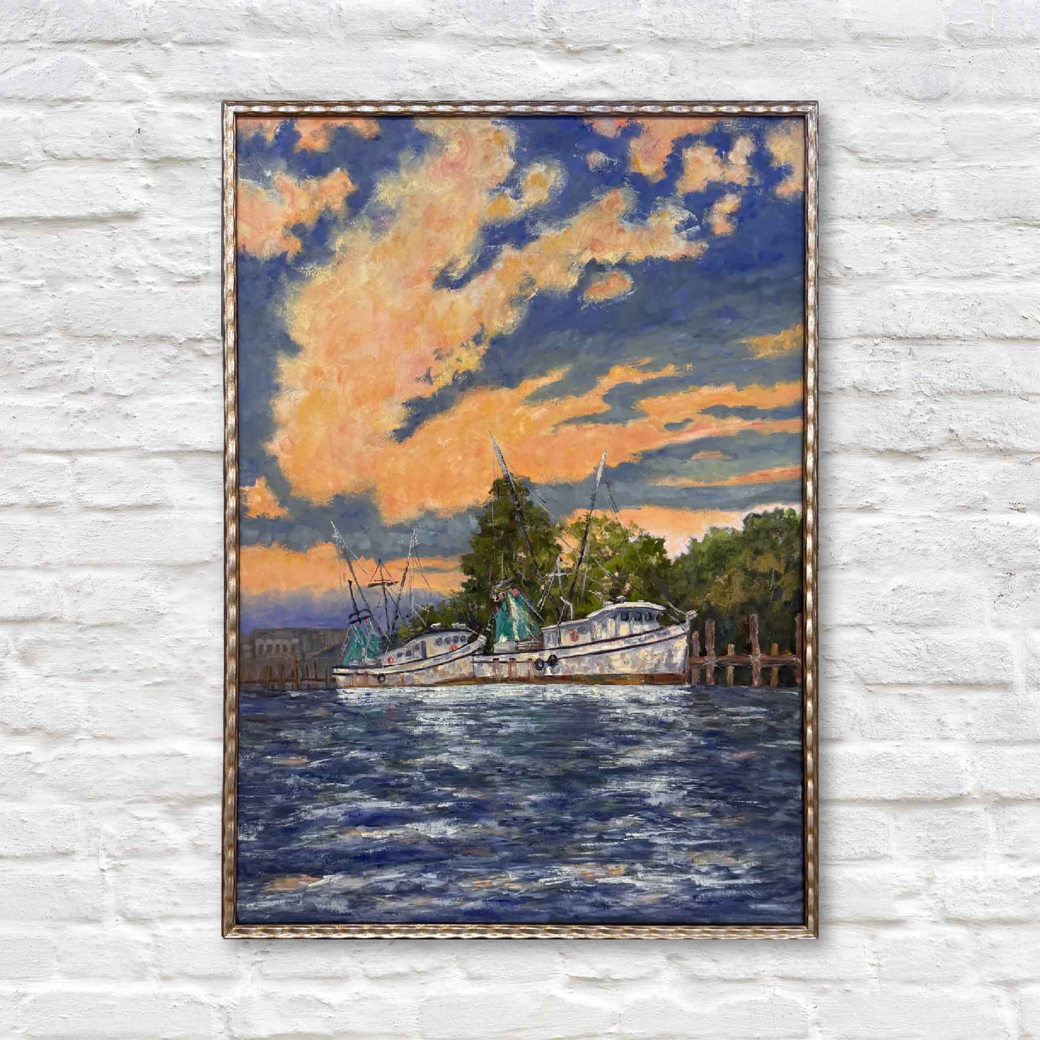 Framed original oil painting ‘Harbor at Dusk’ by Jeanne O’Neal showing shrimp boats at sunset on the Georgetown, SC waterfront.
