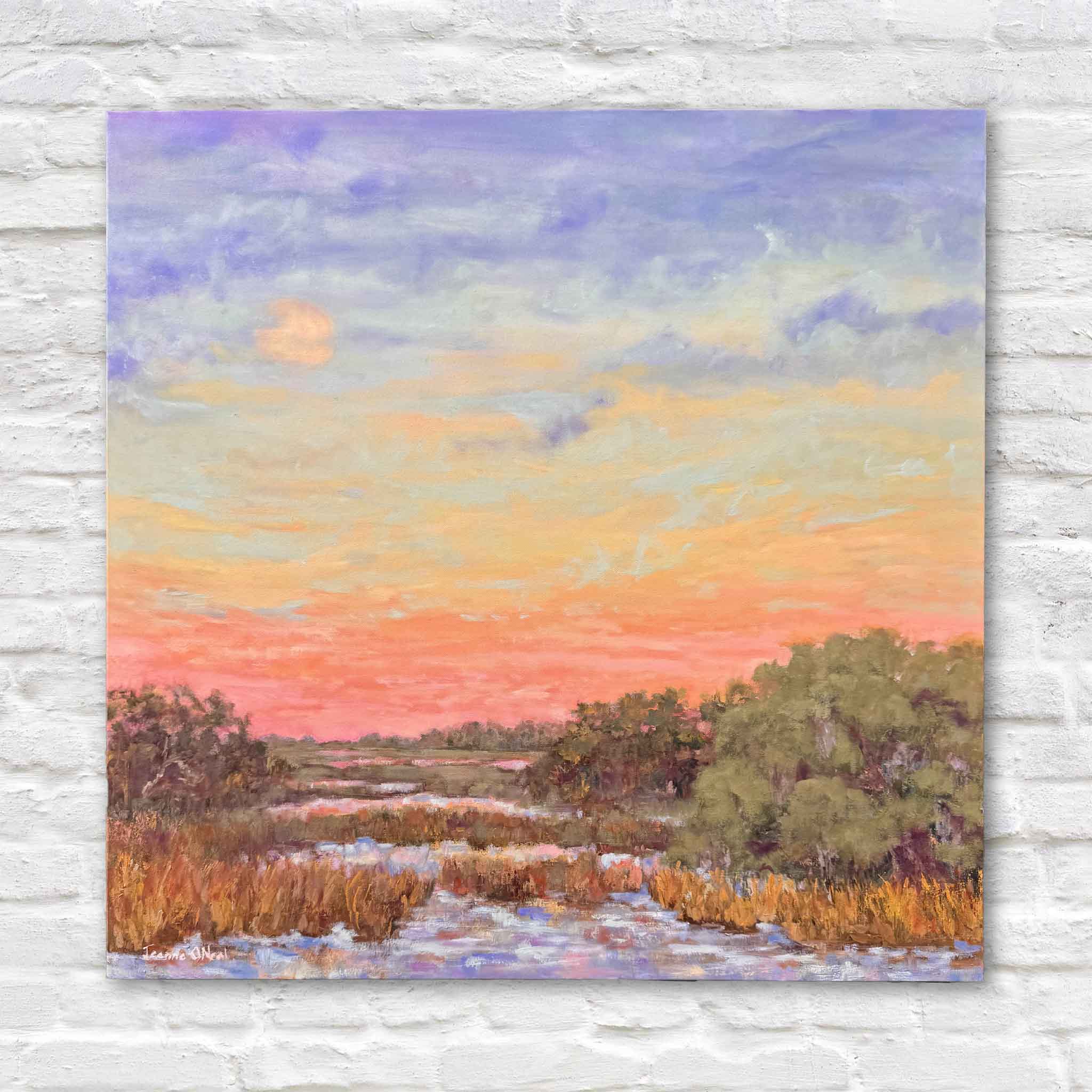 Hugs & Kisses by Jeanne O’Neal original oil painting of a Lowcountry marsh at sunset with pink and coral sky, reflective water, and coastal grasses at Gray Man Gallery Pawleys Island