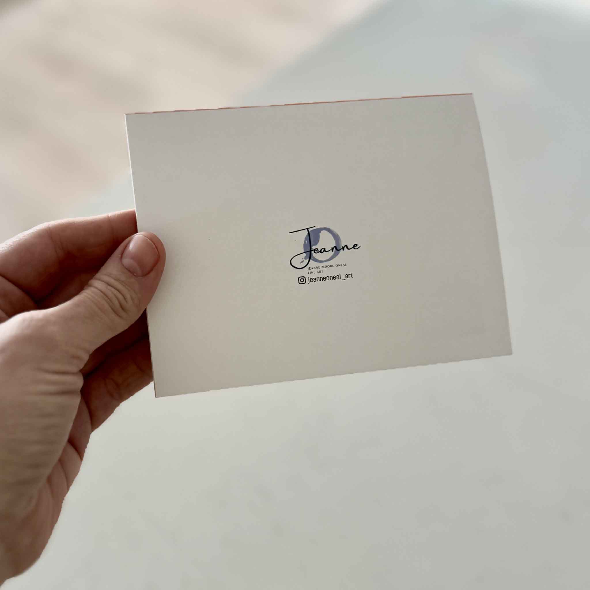 Back of horizontal blank-inside art notecards featuring prints of original coastal artwork by local Pawleys Island artist Jeanne O’Neal, available at Gray Man Gallery in Pawleys Island South Carolina