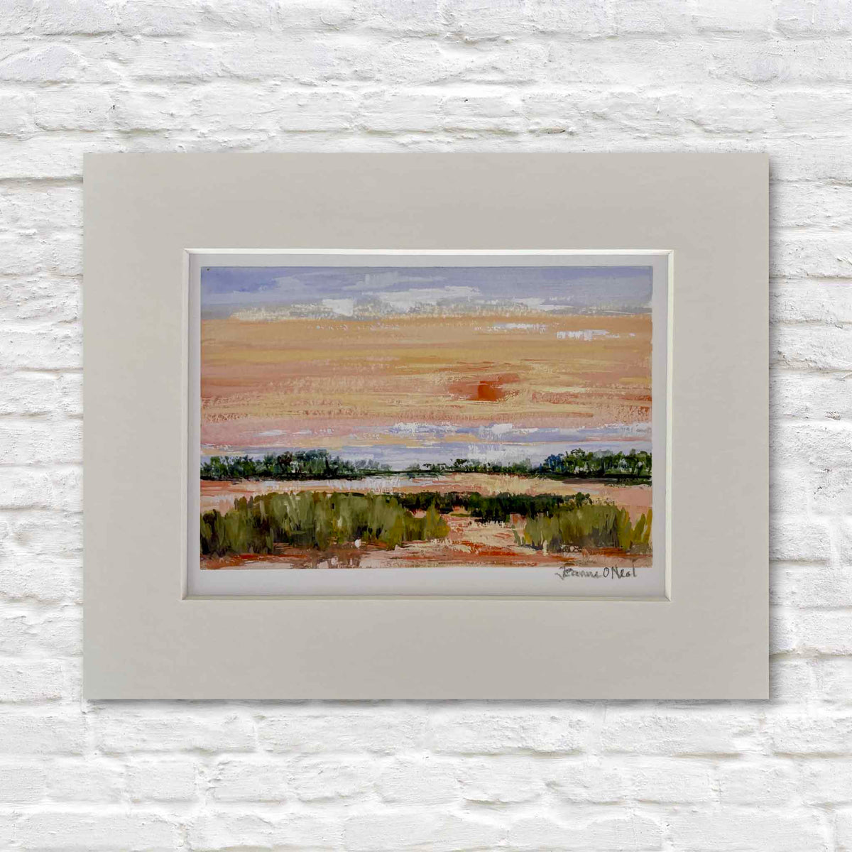 Low Sun fine art giclée print by Jeanne O’Neal, reproduced from an original gouache painting of the Lowcountry marsh beneath a soft peach, coral and lavender sunset, professionally matted to a standard frame size and available at Gray Man Gallery in Pawleys Island, South Carolina.