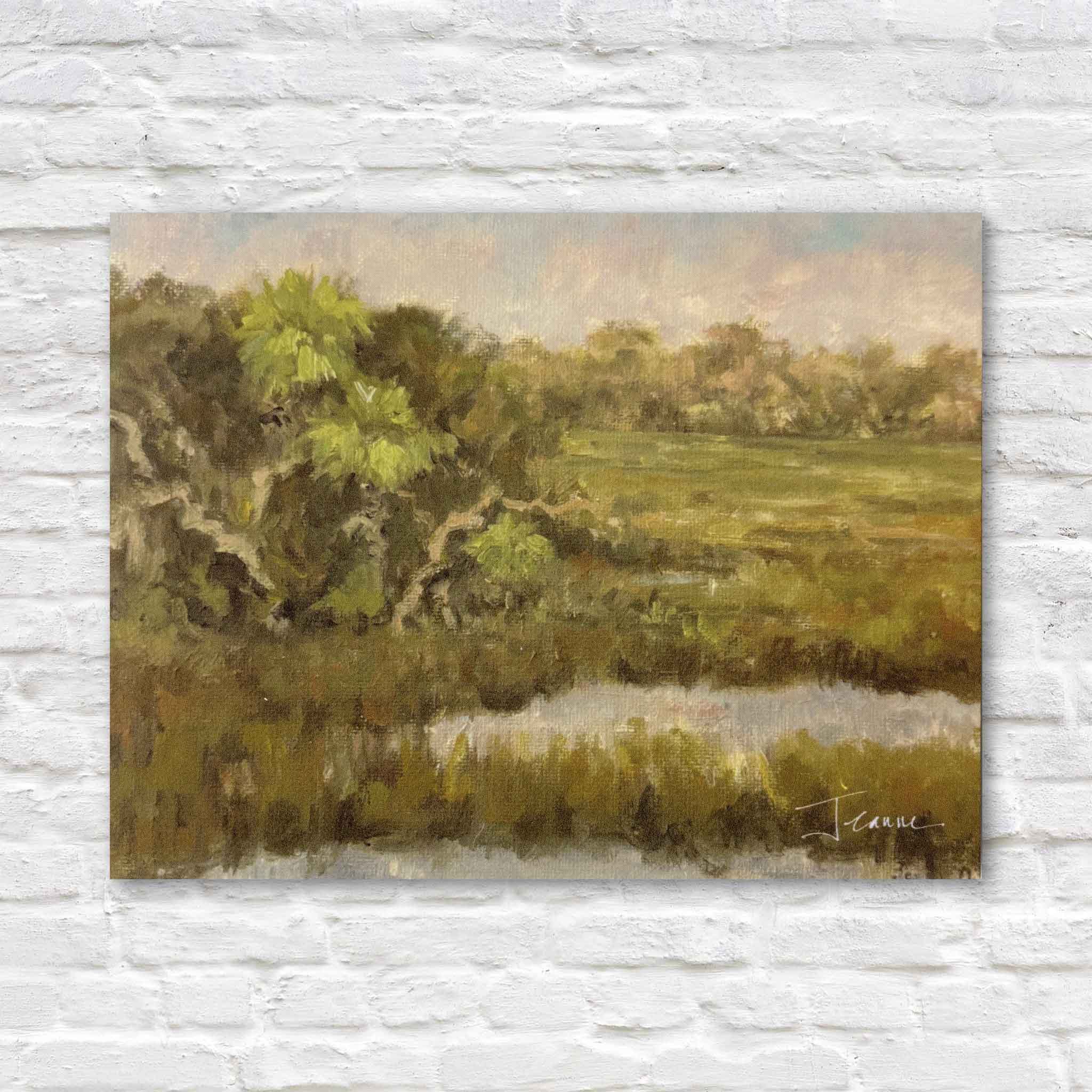 Marsh Reflections Lowcountry marsh landscape artwork by local Pawleys Island artist Jeanne O’Neal reproduced as blank coastal notecards available at Gray Man Gallery in Pawleys Island South Carolina