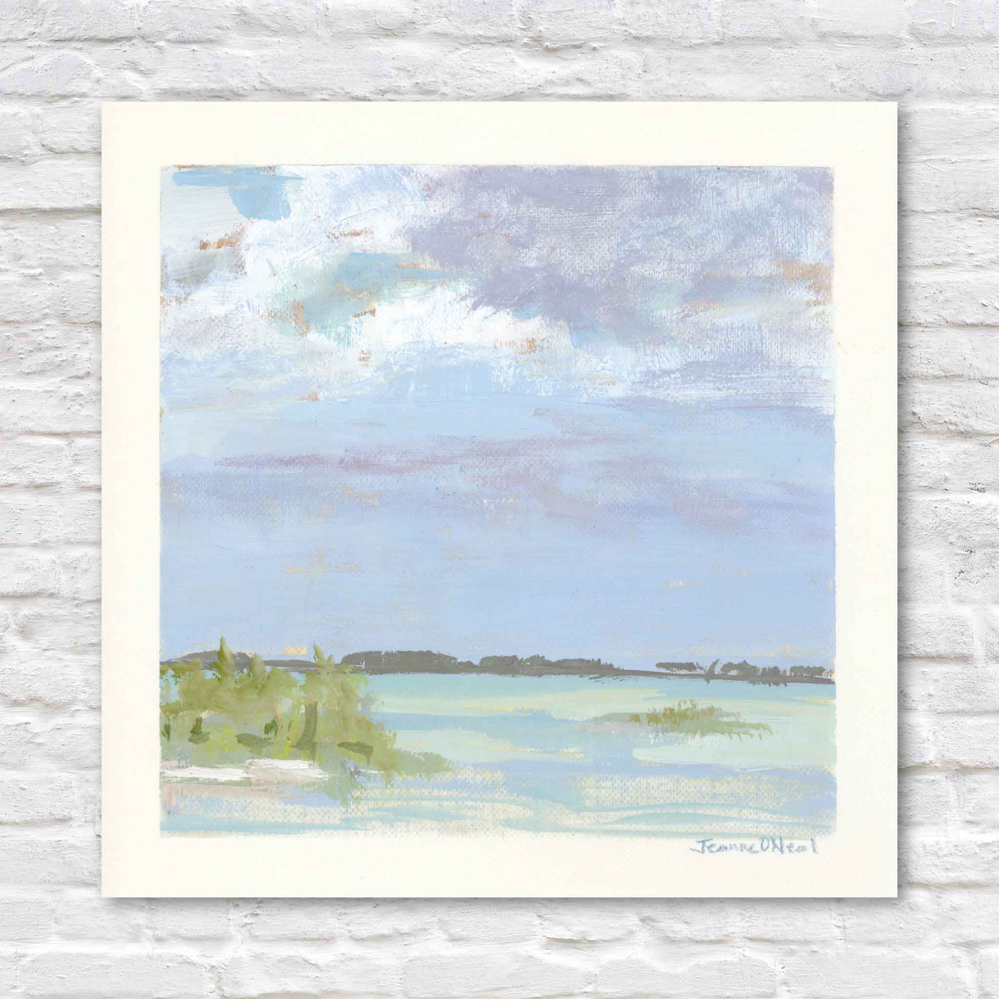 Jeanne O’Neal Open Water original gouache coastal landscape painting featuring a wide Abaco horizon with layered blue sky, soft cloud formations, pale turquoise and seafoam water, and low marshy islands from the Postcards from Abaco collection at Gray Man Gallery Pawleys Island