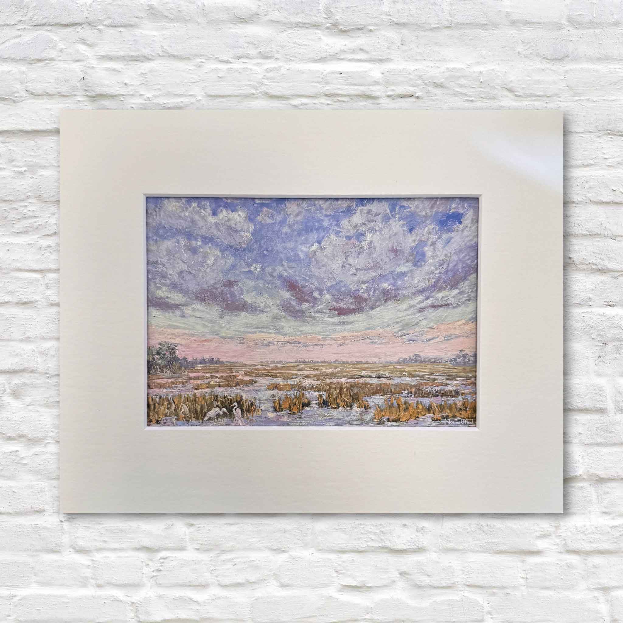 Pink Playground fine art giclée print by local artist Jeanne O’Neal featuring a luminous Lowcountry marsh landscape with pink horizon sky available at Gray Man Gallery in Pawleys Island South Carolina