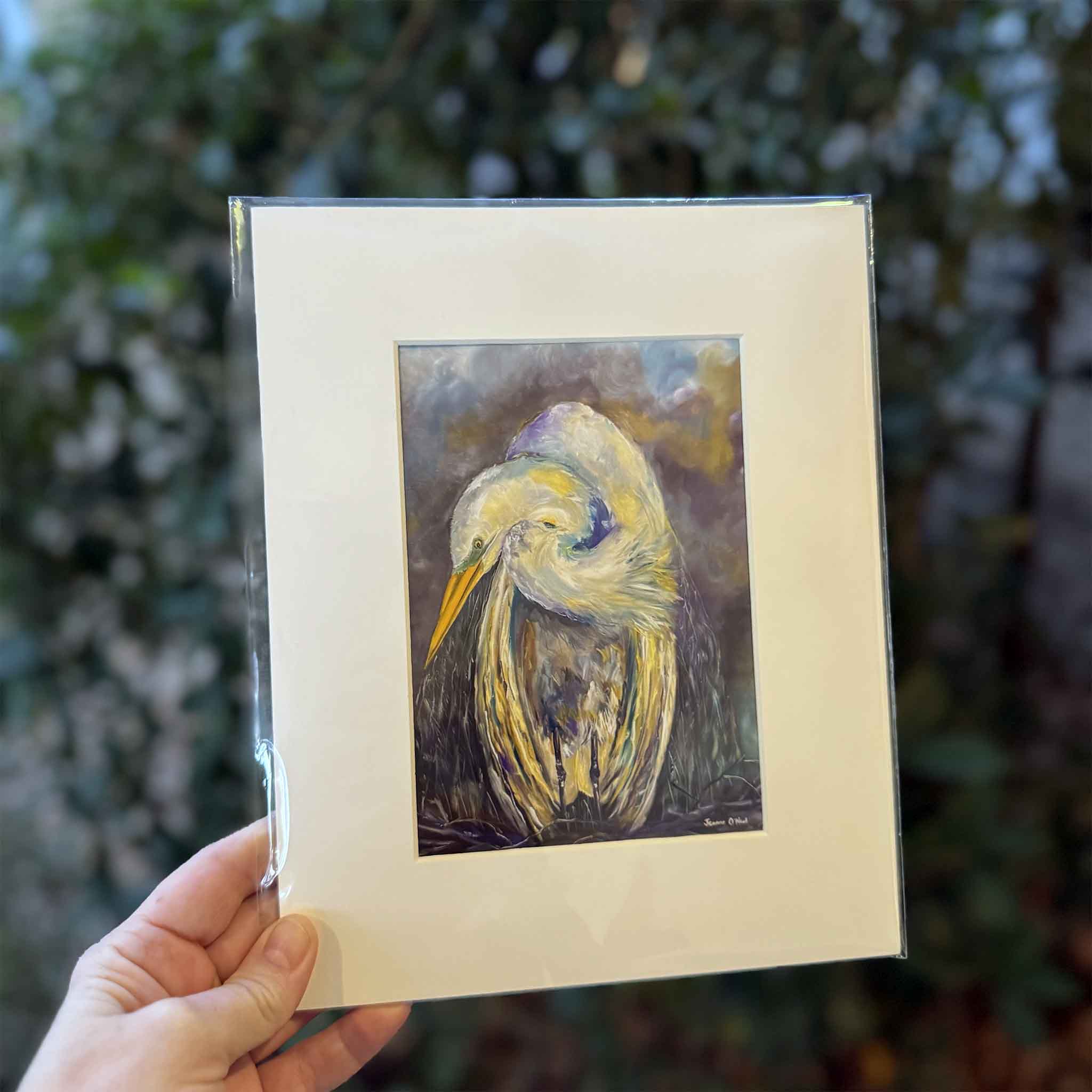 “Strength” 8x10 egret art print by Jeanne O’Neal, matted wildlife artwork featuring a peaceful white egret, available at Gray Man Gallery.