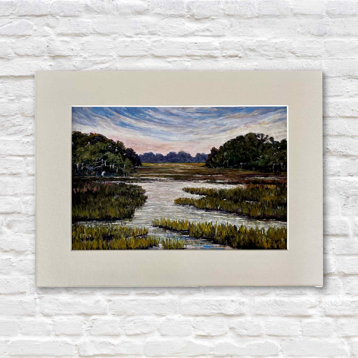 The Way Home matted fine art giclée print by local artist Jeanne O’Neal featuring a winding Lowcountry tidal creek, marsh grasses and soft evening sky, matted to fit a standard-size frame and available at Gray Man Gallery in Pawleys Island, South Carolina.