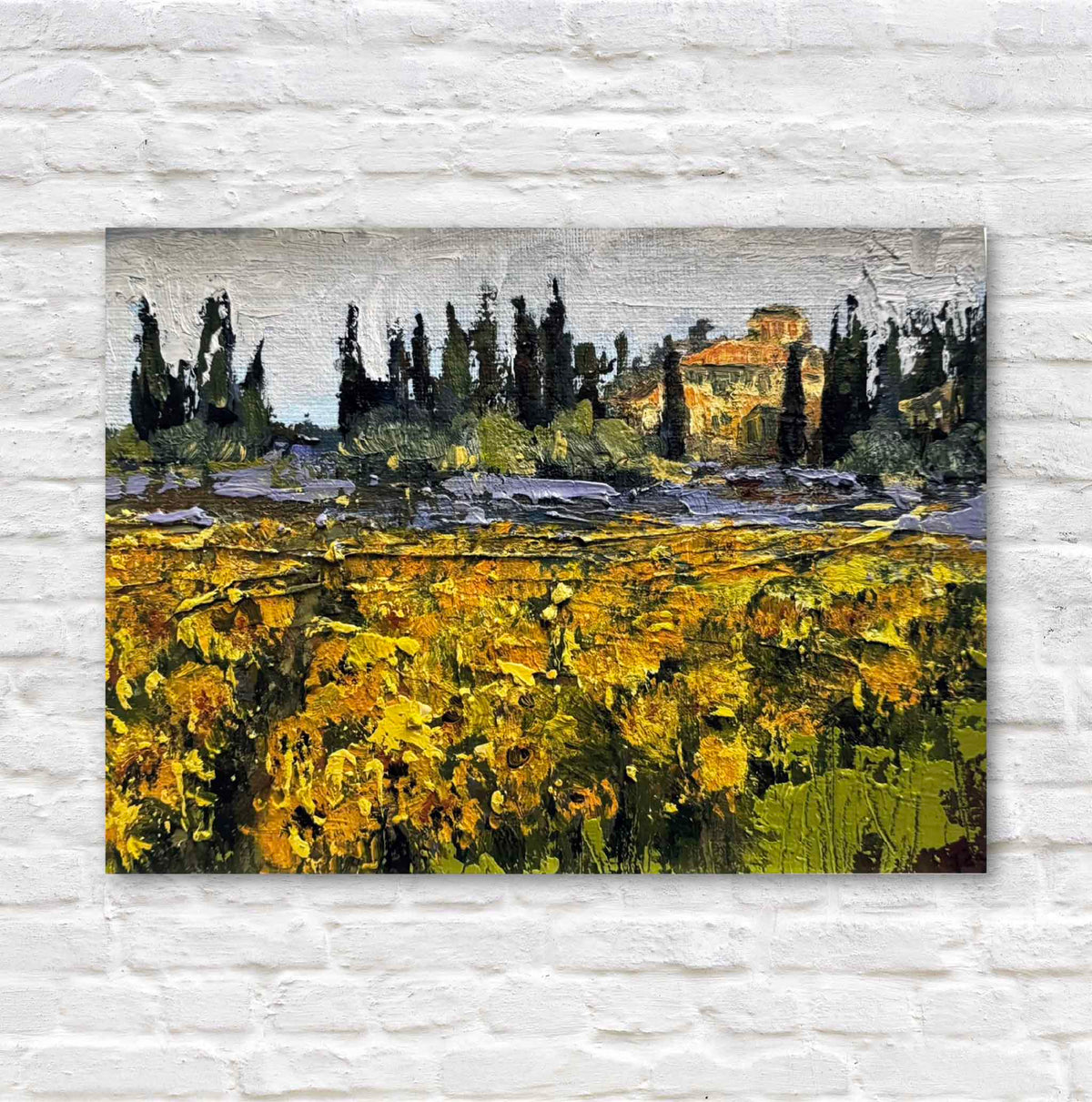 Tuscan Spring giclée print by South Carolina artist Jeanne O’Neal featuring golden Tuscan fields, dark cypress trees and a sunlit Italian villa, available at Gray Man Gallery in Pawleys Island, South Carolina