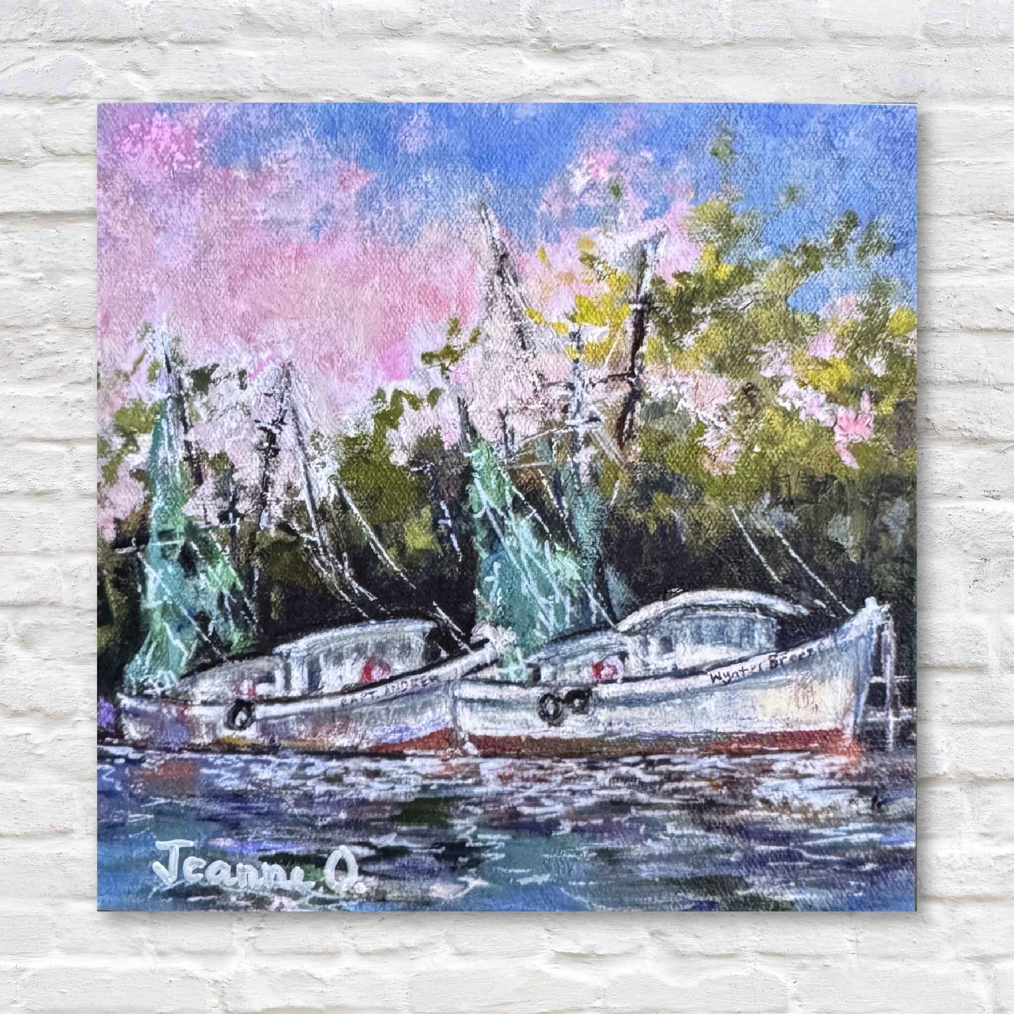 Evening Light giclée print by Jeanne O’Neal, featuring shrimp boats at sunset under a pink and blue sky, coastal South Carolina art, exclusive to Gray Man Gallery