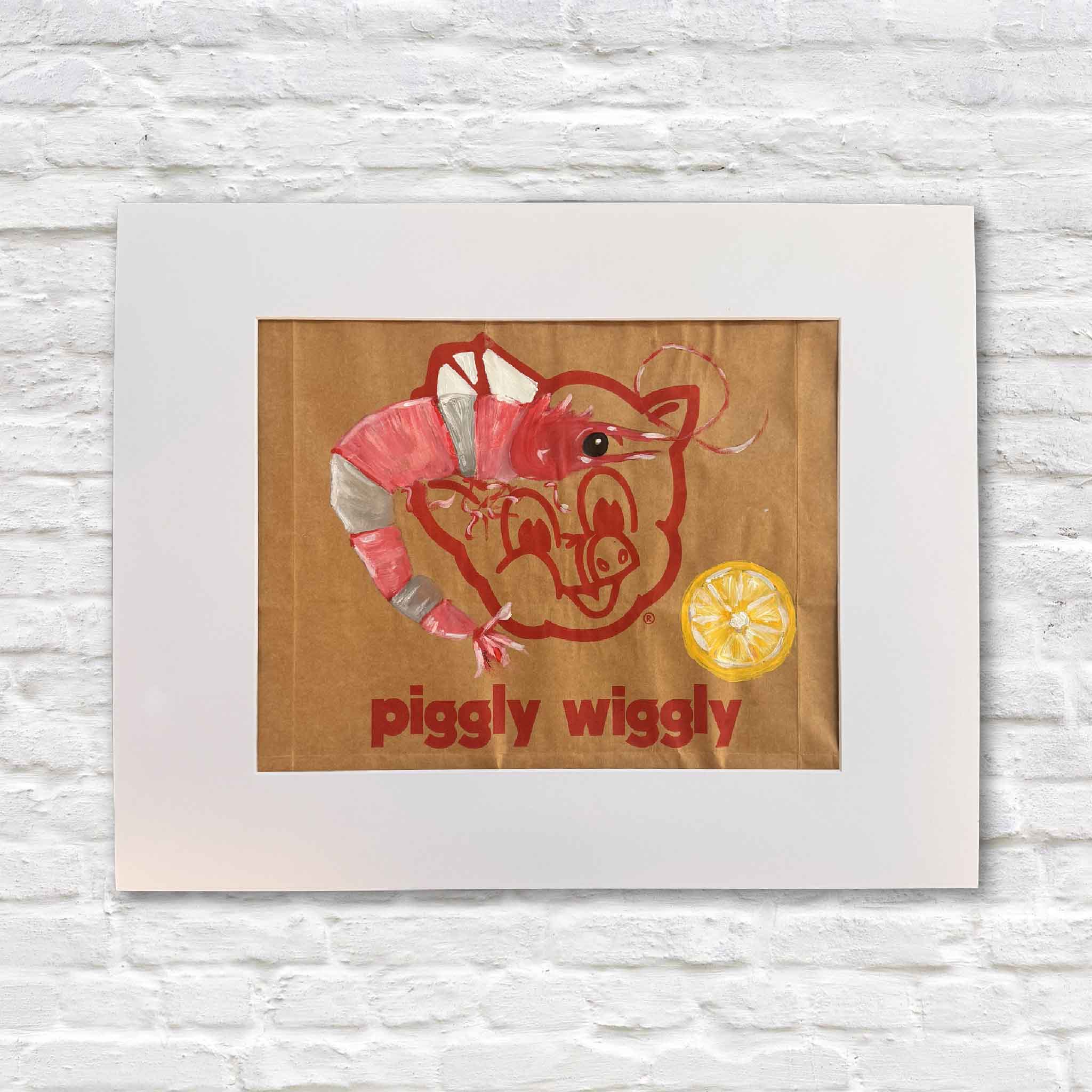 Original hand-painted artwork by Jenny Reynolds featuring a shrimp and lemon painted over the Piggly Wiggly pig mascot on kraft grocery bag paper, matted to 20x16.