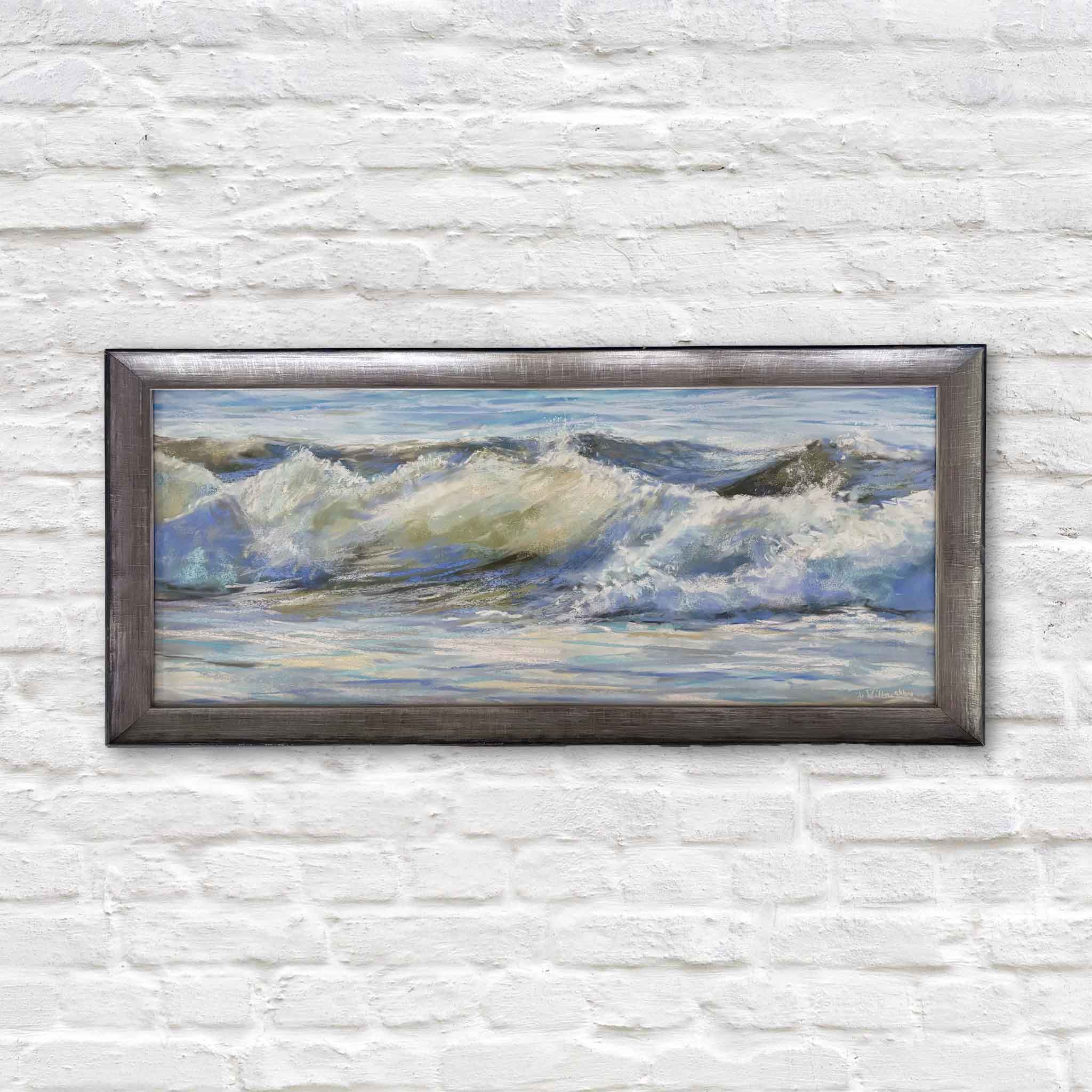 Original pastel A Light Breeze by Joanne Willoughby featuring rolling Atlantic Ocean waves beneath soft coastal light, professionally framed with museum glass and available at Gray Man Gallery in Pawleys Island, South Carolina.