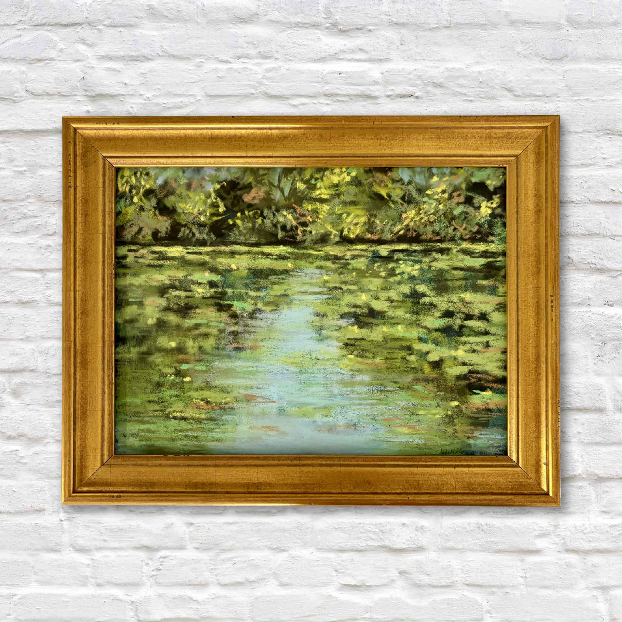 Original soft pastel Afternoon at the Pond by Joanne Willoughby featuring shimmering reflections across a peaceful pond beneath lush green trees, beautifully framed and available at Gray Man Gallery in Pawleys Island, South Carolina.