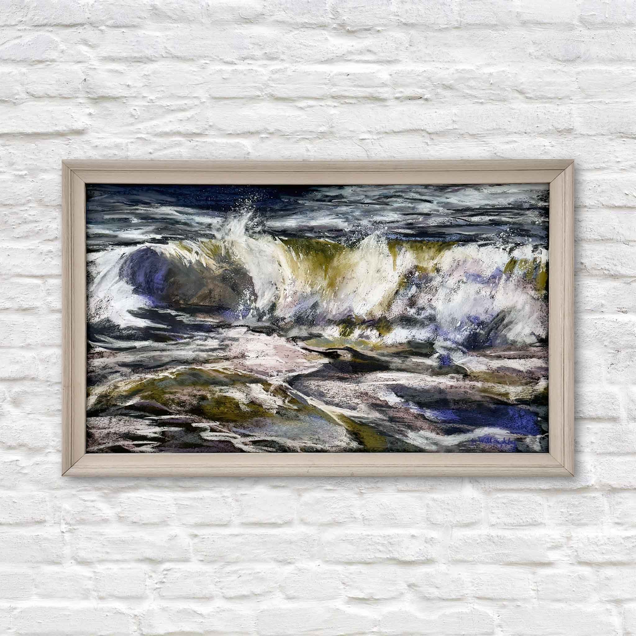 Frolic original pastel by local artist Joanne Willoughby at Gray Man Gallery, depicting a crashing ocean wave with layered blues, greens, and whites, professionally framed with museum glass