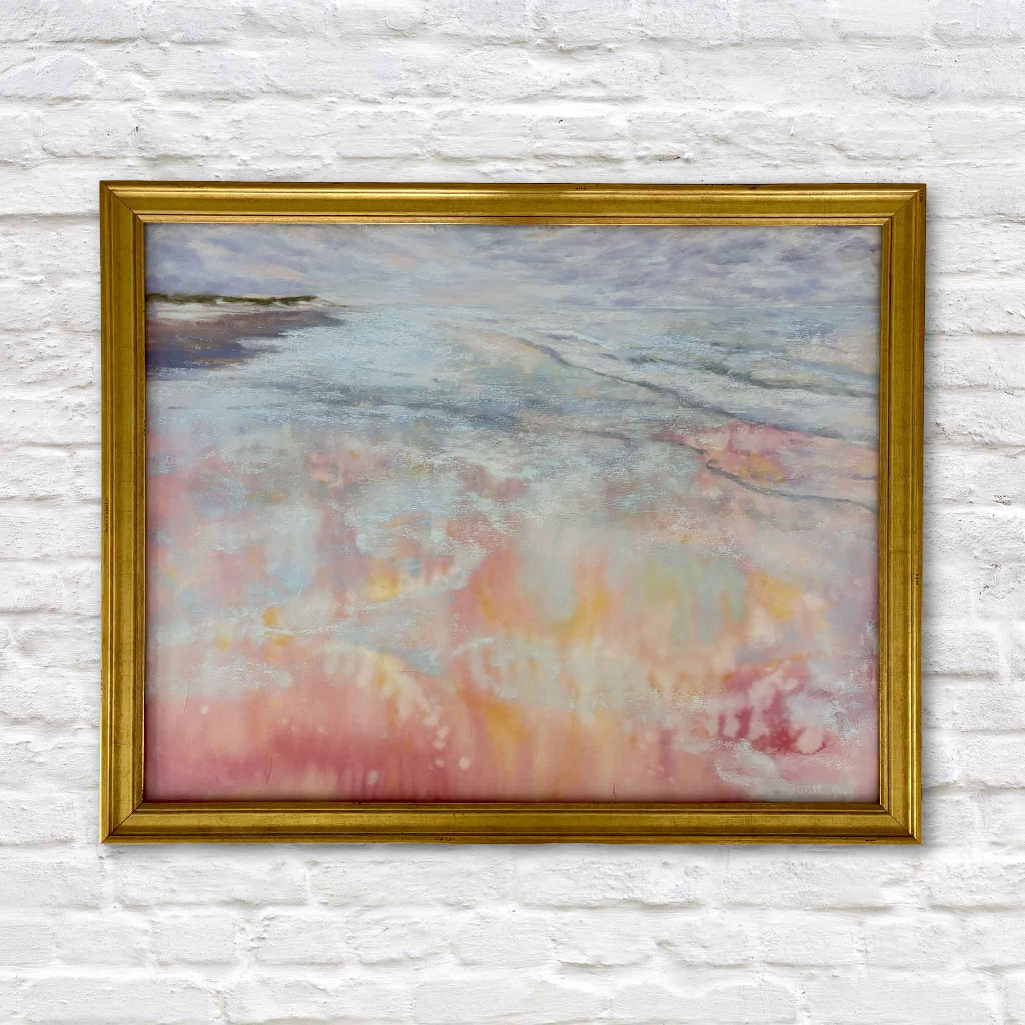 Original soft pastel Pawleys Magic by Joanne Willoughby featuring glowing reflections of a Pawleys Island sunset across the shoreline, beautifully framed and available at Gray Man Gallery in Pawleys Island, South Carolina.