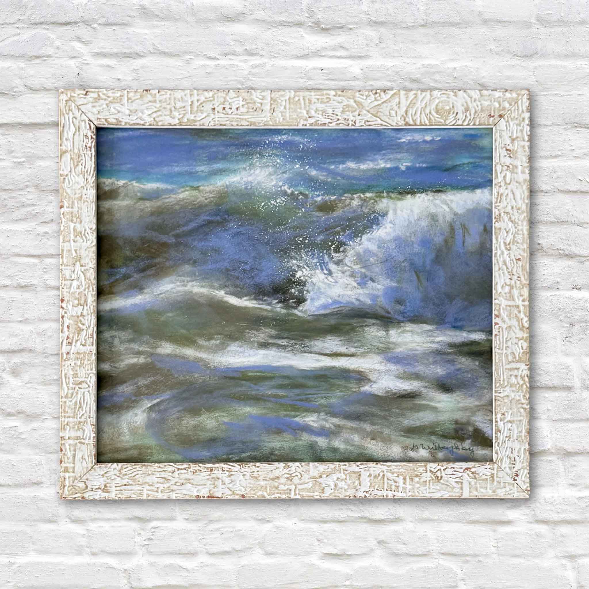 Joanne Willoughby original pastel painting Power Point featuring a crashing ocean wave with layered blue green tones and white seafoam, framed and displayed at Gray Man Gallery in Pawleys Island representing expressive Lowcountry coastal art