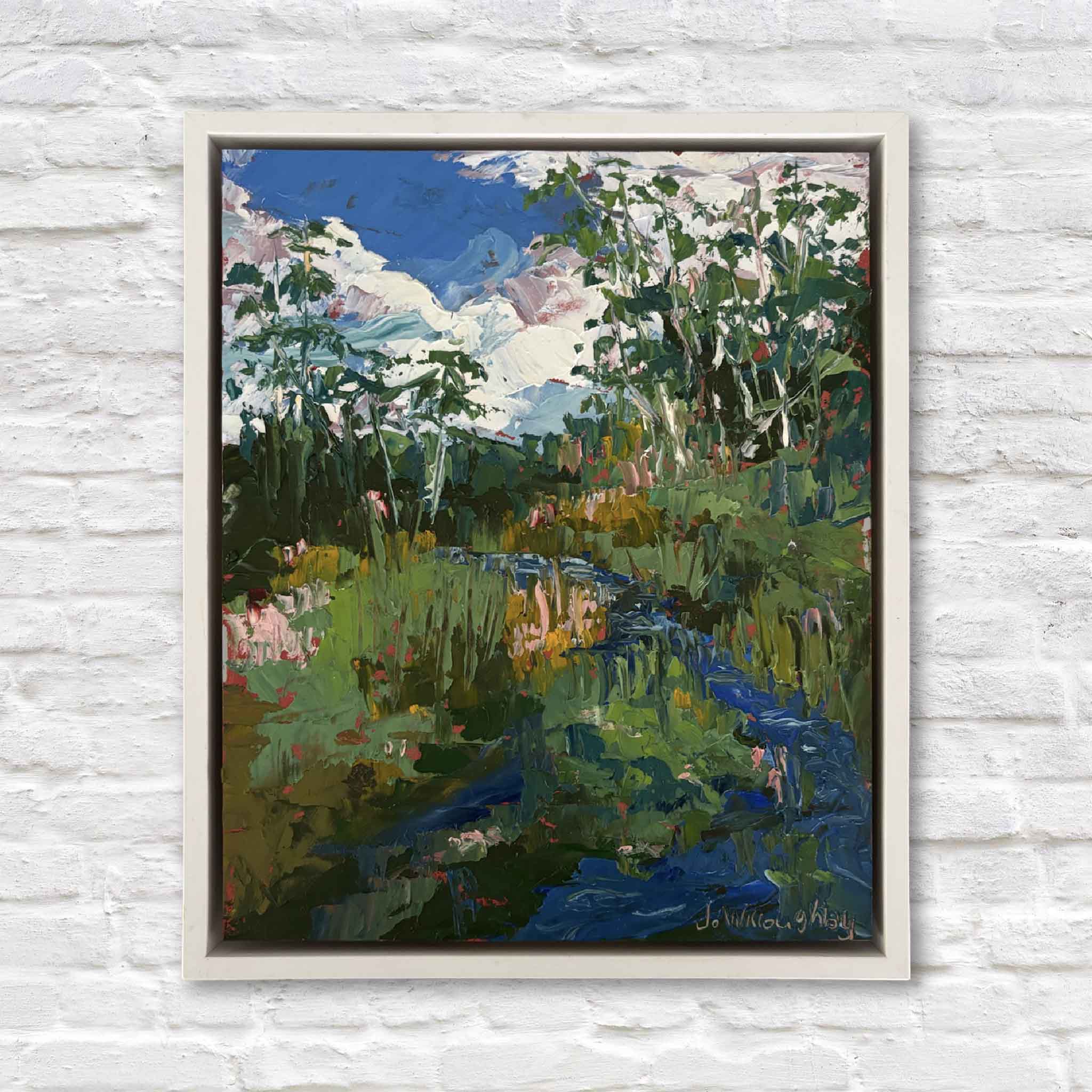 Wild Marsh by local Lowcountry artist Joanne Willoughby. Original impasto oil painting featuring a winding blue tidal creek flowing through lush South Carolina marsh grasses beneath dramatic clouds. Professionally framed and available at Gray Man Gallery in Pawleys Island.