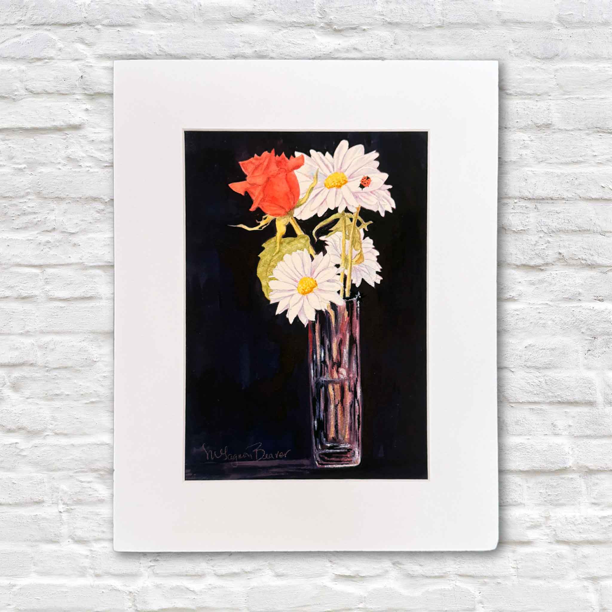 Original watercolor of a rose and daisies in a glass vase with a small ladybug on a petal, painted by Mimi Beaver and matted to 11x14 to benefit senior dogs.