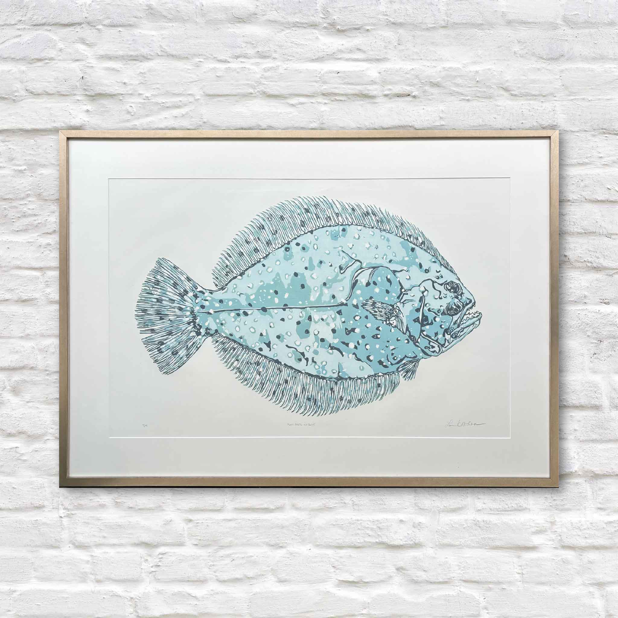 Flat Fred by Laurie Brownell McIntosh, an original reduction linocut featuring a large blue flounder rendered in intricate detail, professionally matted and framed at Gray Man Gallery in Pawleys Island, South Carolina.