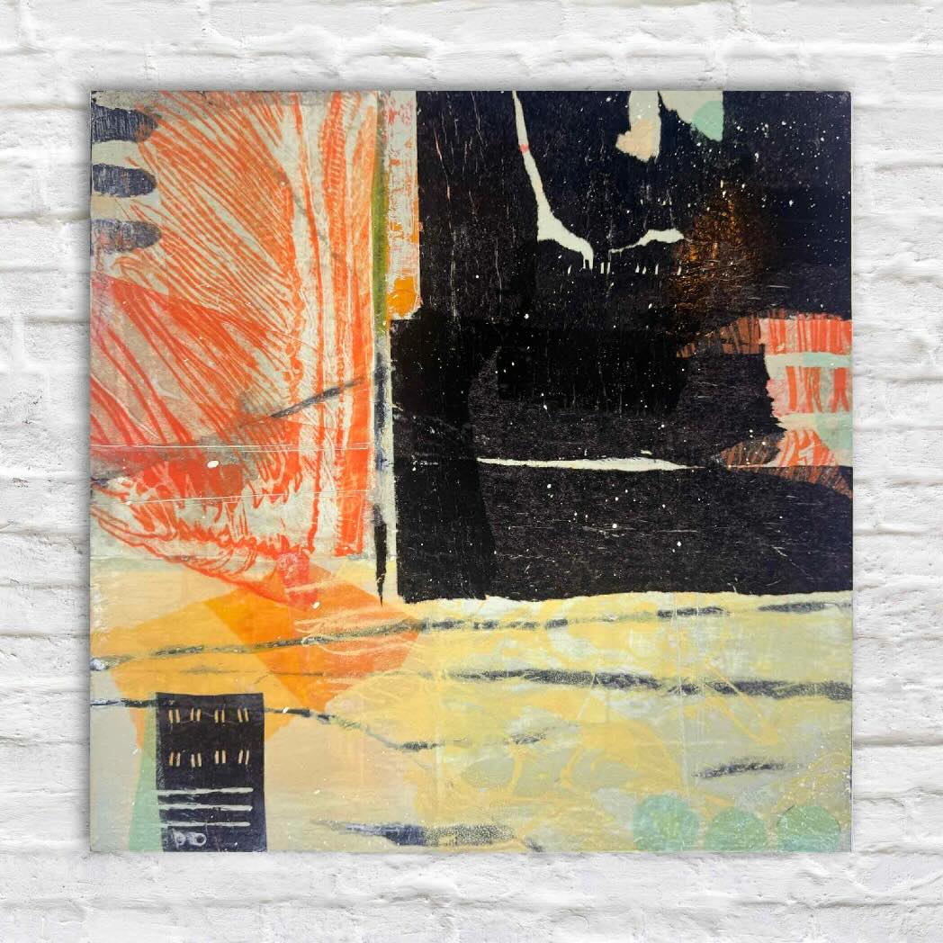 Front view of Laurie McIntosh’s 16x16 mixed-media artwork “Feathered,” featuring bold black forms, warm abstract textures, and layered printmaking marks.