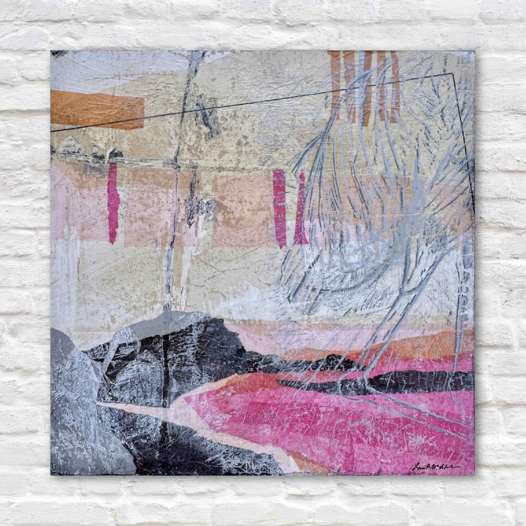 Close-up of Laurie McIntosh’s mixed-media artwork “Henredon B,” featuring layered textures, pink tones, and abstract linework.