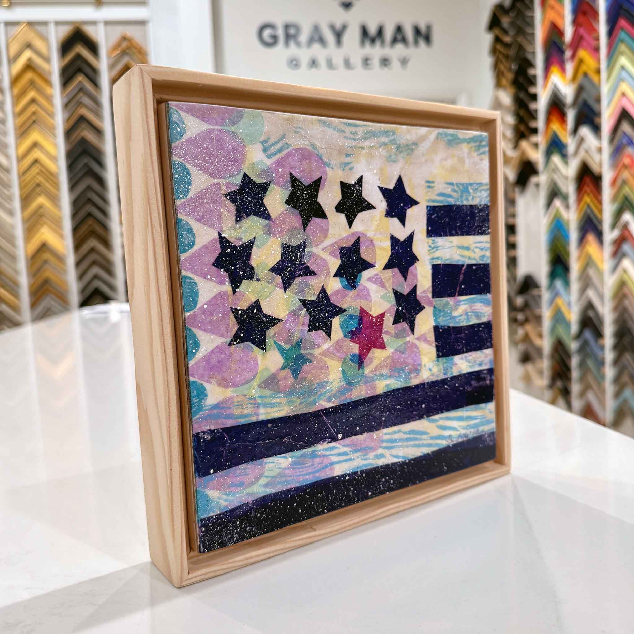 Detail of Laurie McIntosh Residuals 1A showing texture, layered color, and rustic wooden floater frame.