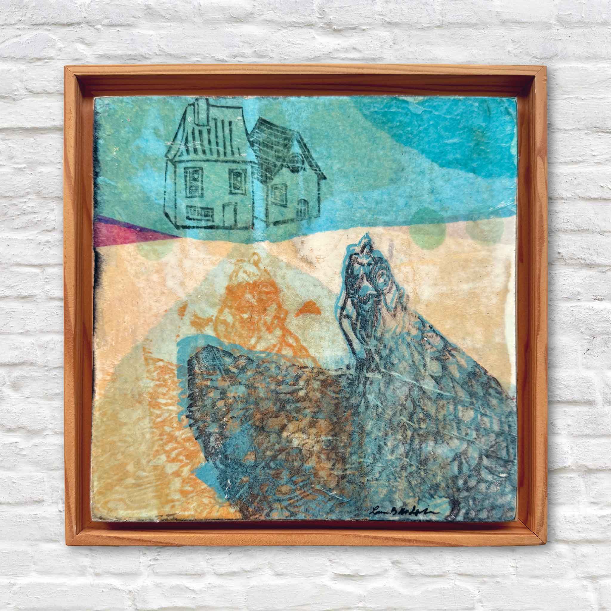 Mixed-media artwork “1C” by Laurie McIntosh, featuring layered textures, sketched cottages, and a whimsical creature, framed in a natural wood floater.