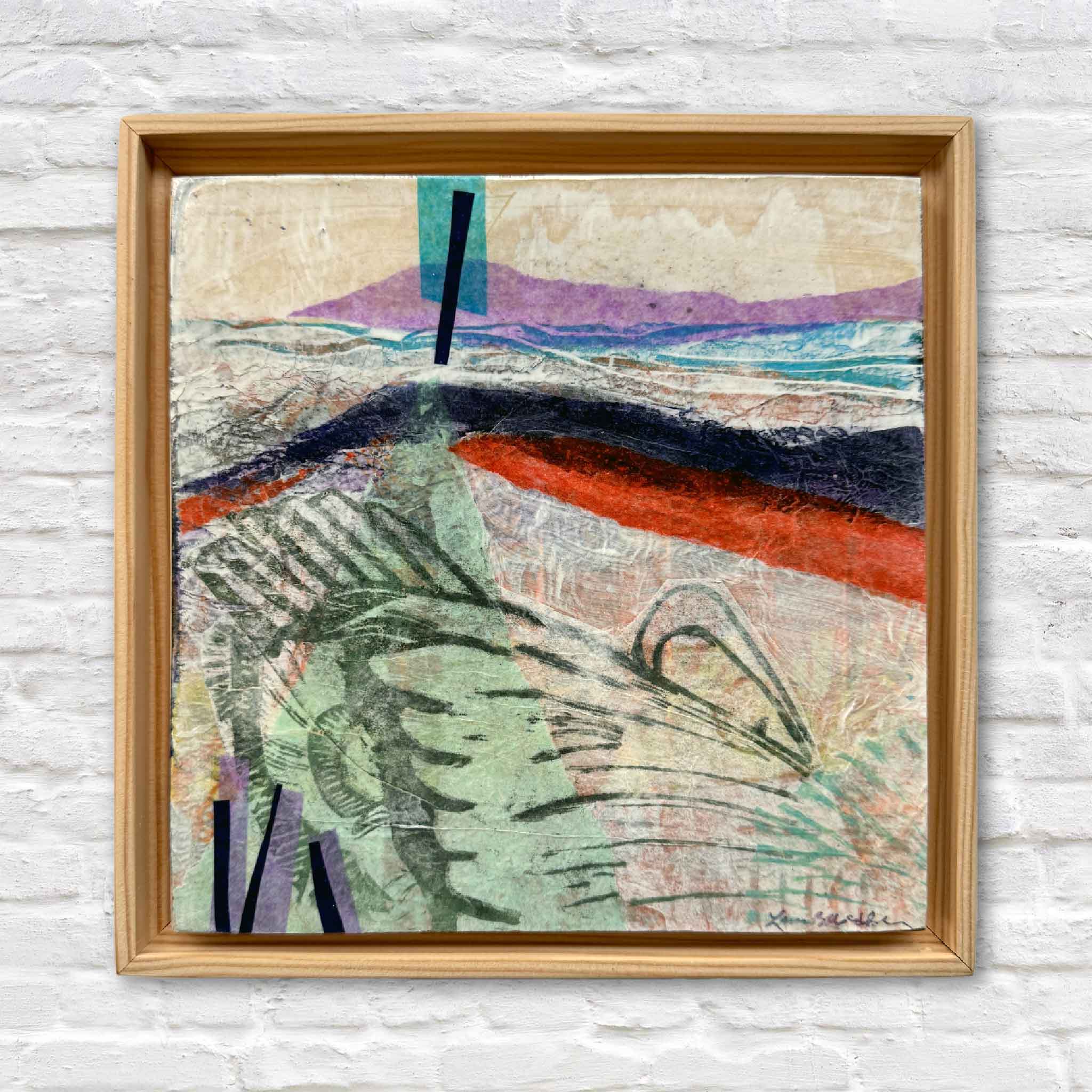 Front view of Laurie McIntosh’s Residuals 2A, an 8x8 mixed-media artwork framed in a rustic wooden floater frame.