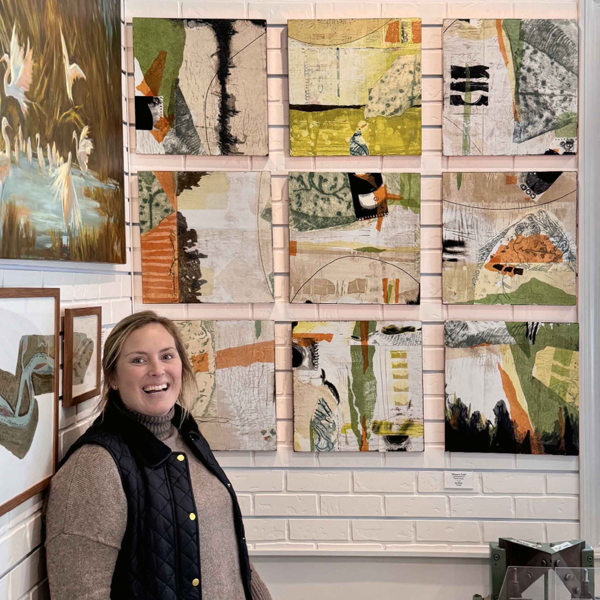 Local artist Laurie McIntosh mixed-media installation titled Where’s Fred featuring nine abstract panels arranged in a grid with layered textures, collage elements, and hand-leafed rose gold edges, photographed at Gray Man Gallery in Pawleys Island showcasing contemporary Lowcountry art and original wall installation
